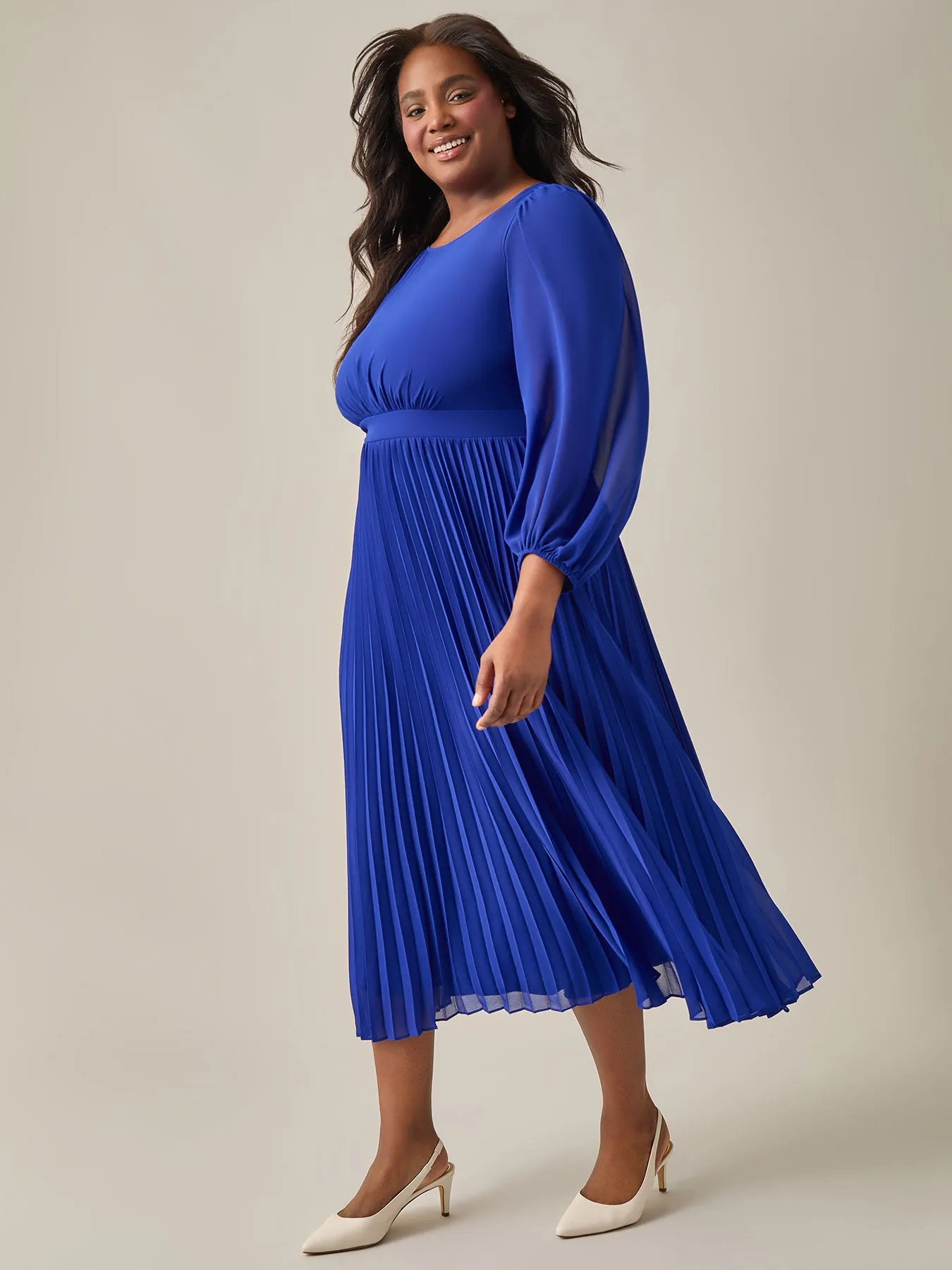 A-Line Balloon Sleeve Midi Dress, Royal Signature