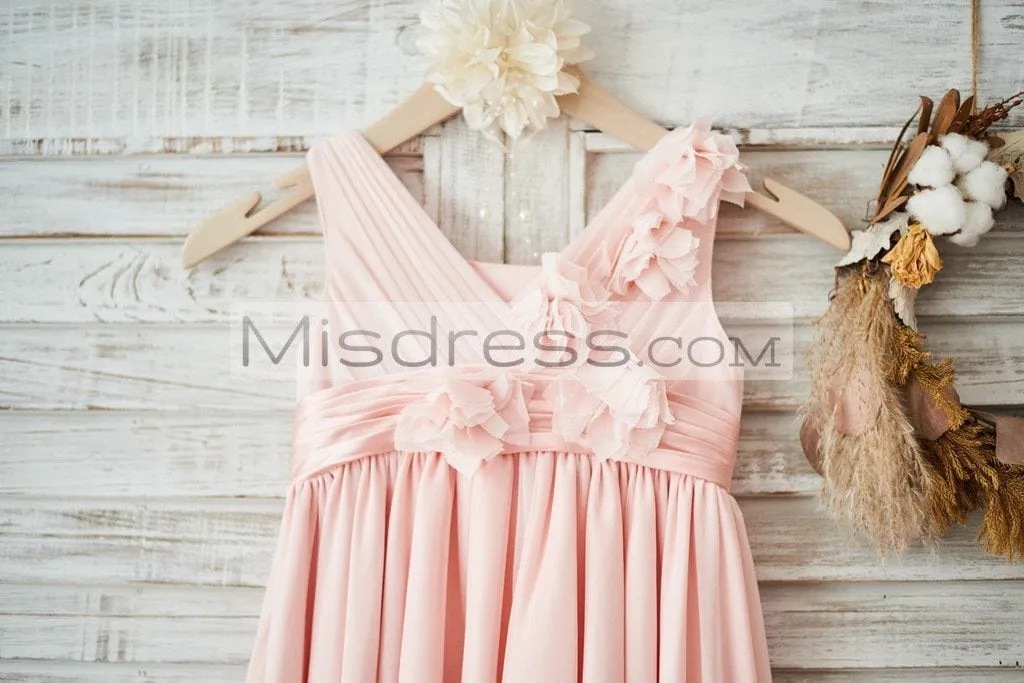 A-line Blush Pink Tulle V Neck Wedding Flower Girl Dress, Flowers