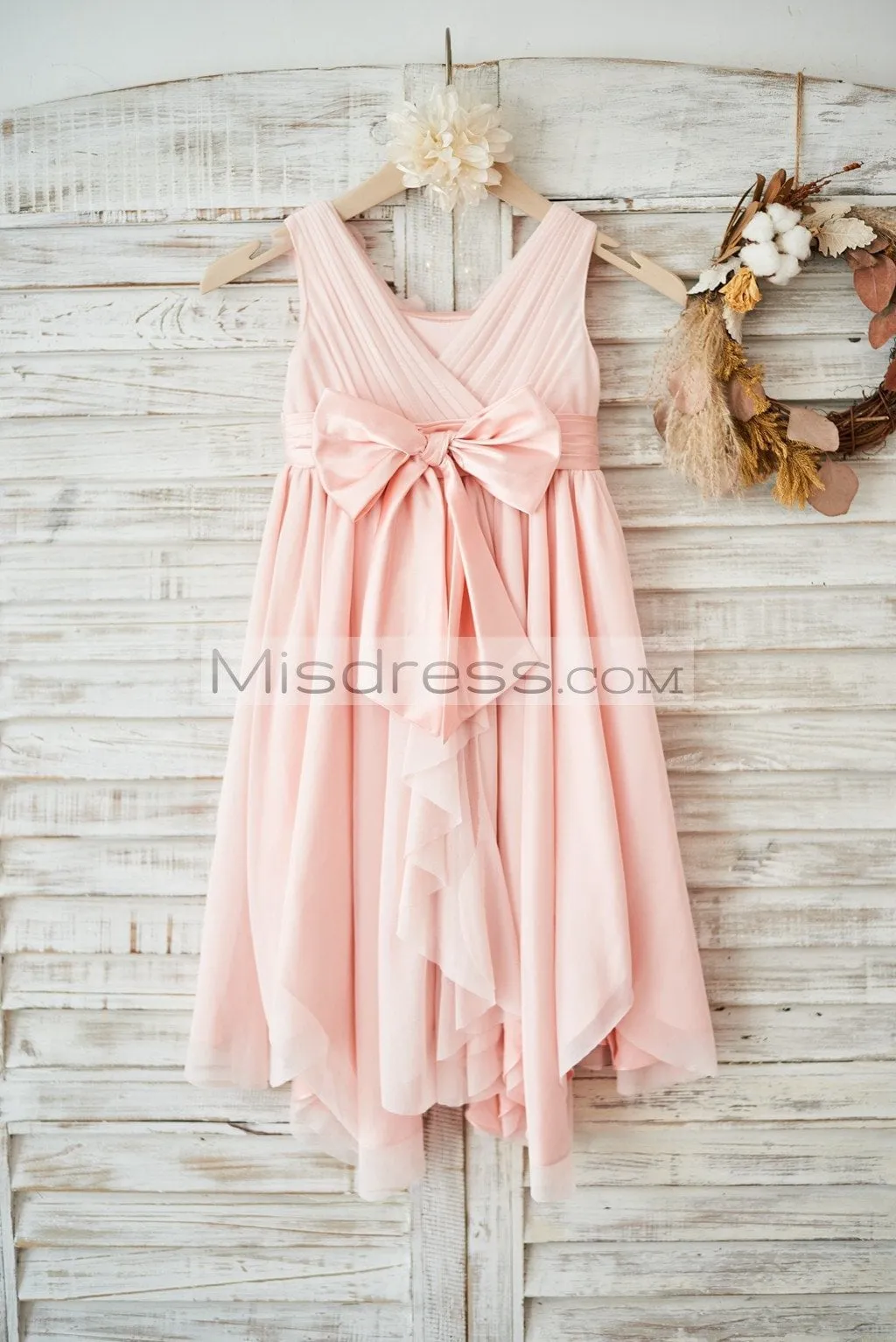 A-line Blush Pink Tulle V Neck Wedding Flower Girl Dress, Flowers