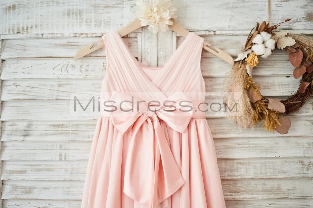 A-line Blush Pink Tulle V Neck Wedding Flower Girl Dress, Flowers