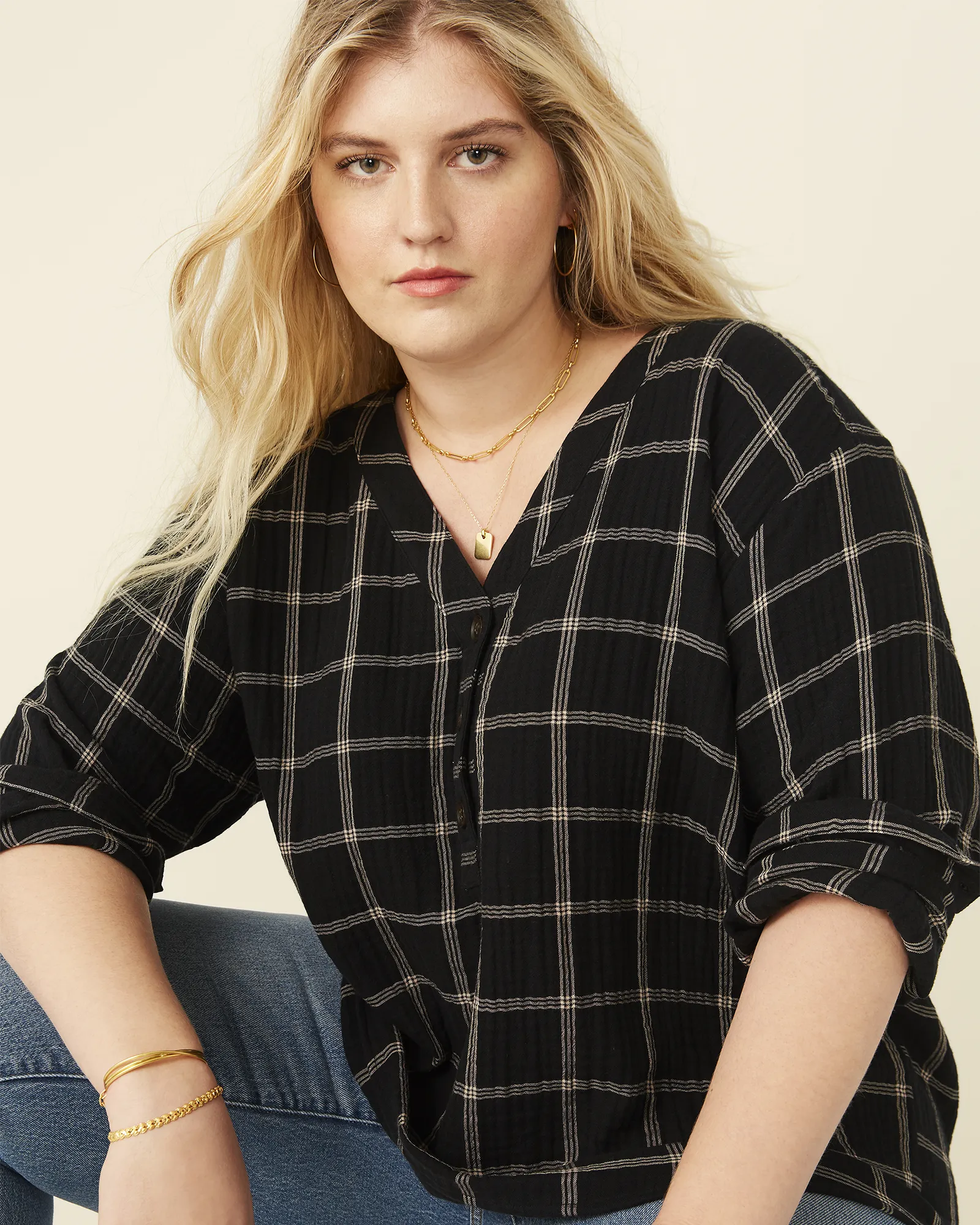 Andy Double Gauze Flannel Top | Black / Ivory