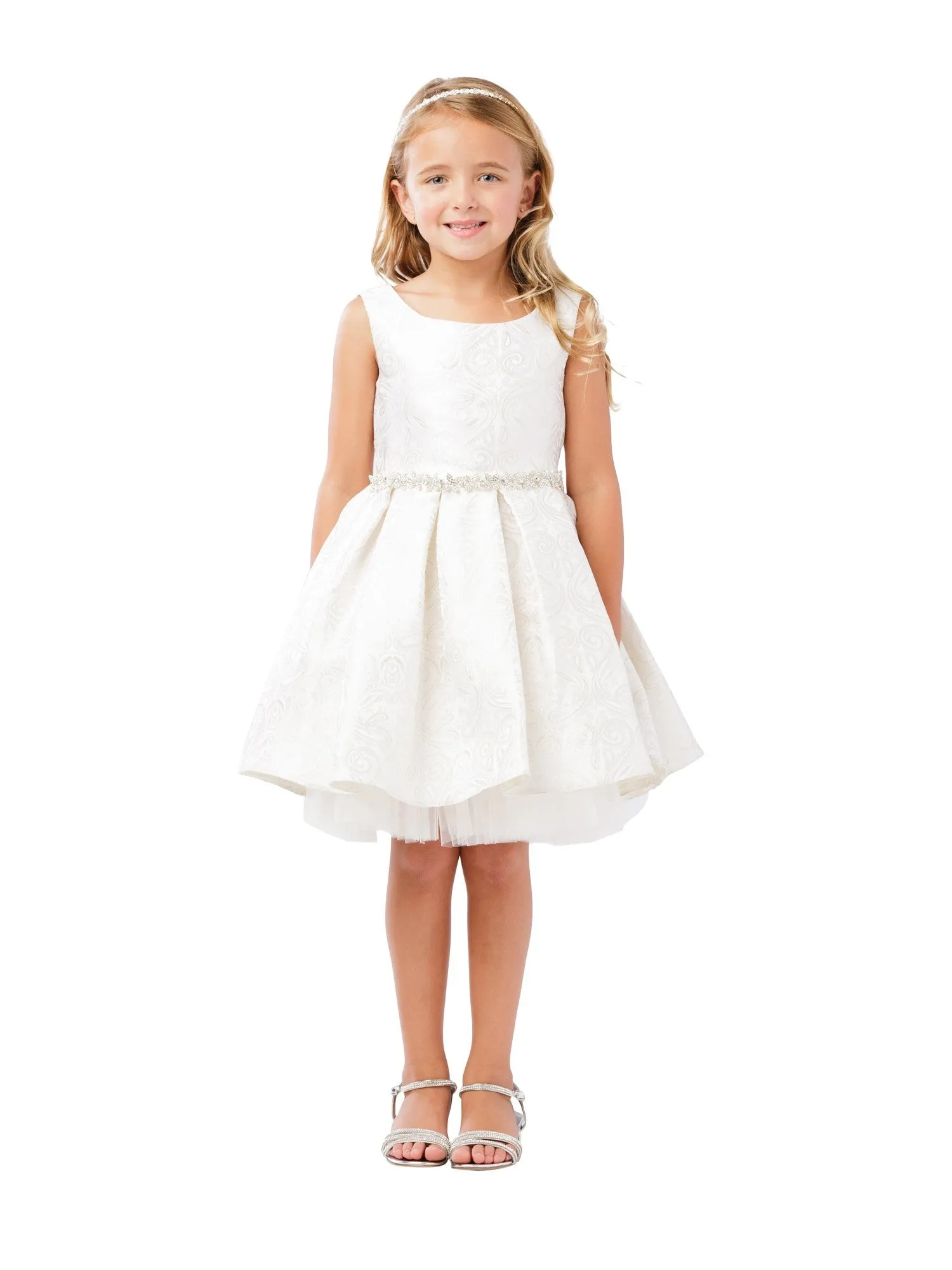 Big Girls Gold Rhinestone Sash Jacquard Tulle Junior Bridesmaid Dress 8-12