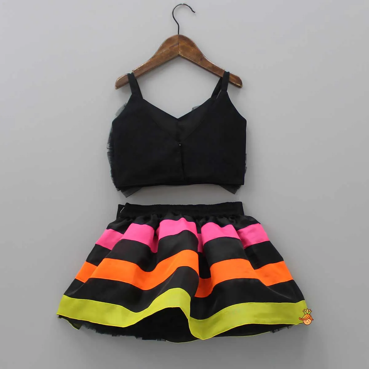 Black Frilly Bow Top And Multi Colour Lace Applique Skirt With Matching Pearl Work Hair Band