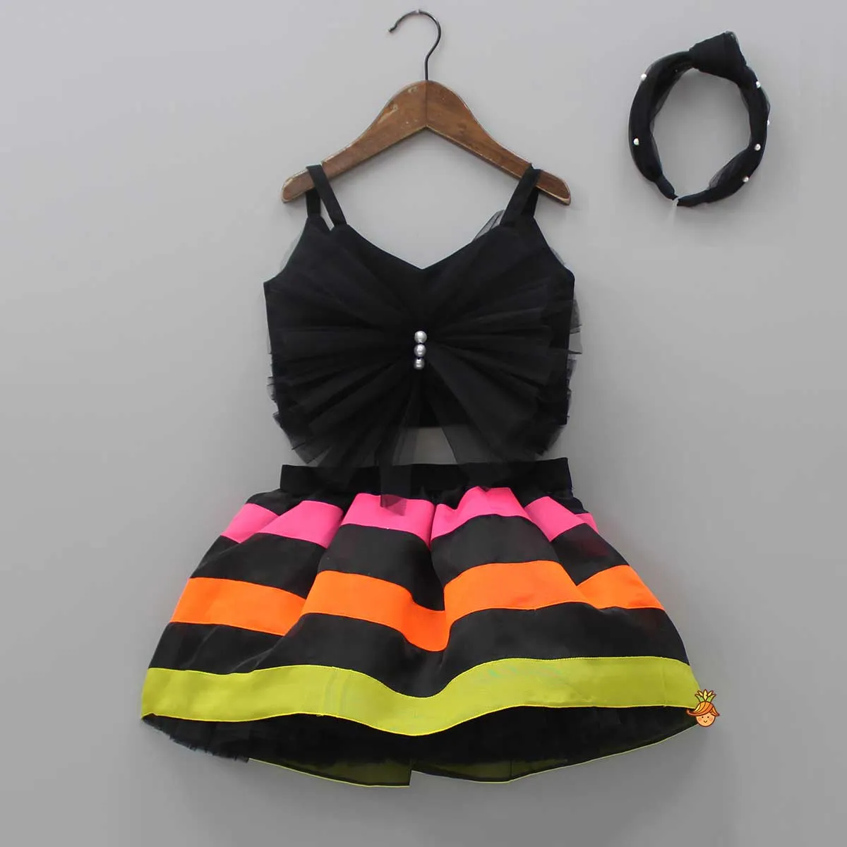 Black Frilly Bow Top And Multi Colour Lace Applique Skirt With Matching Pearl Work Hair Band