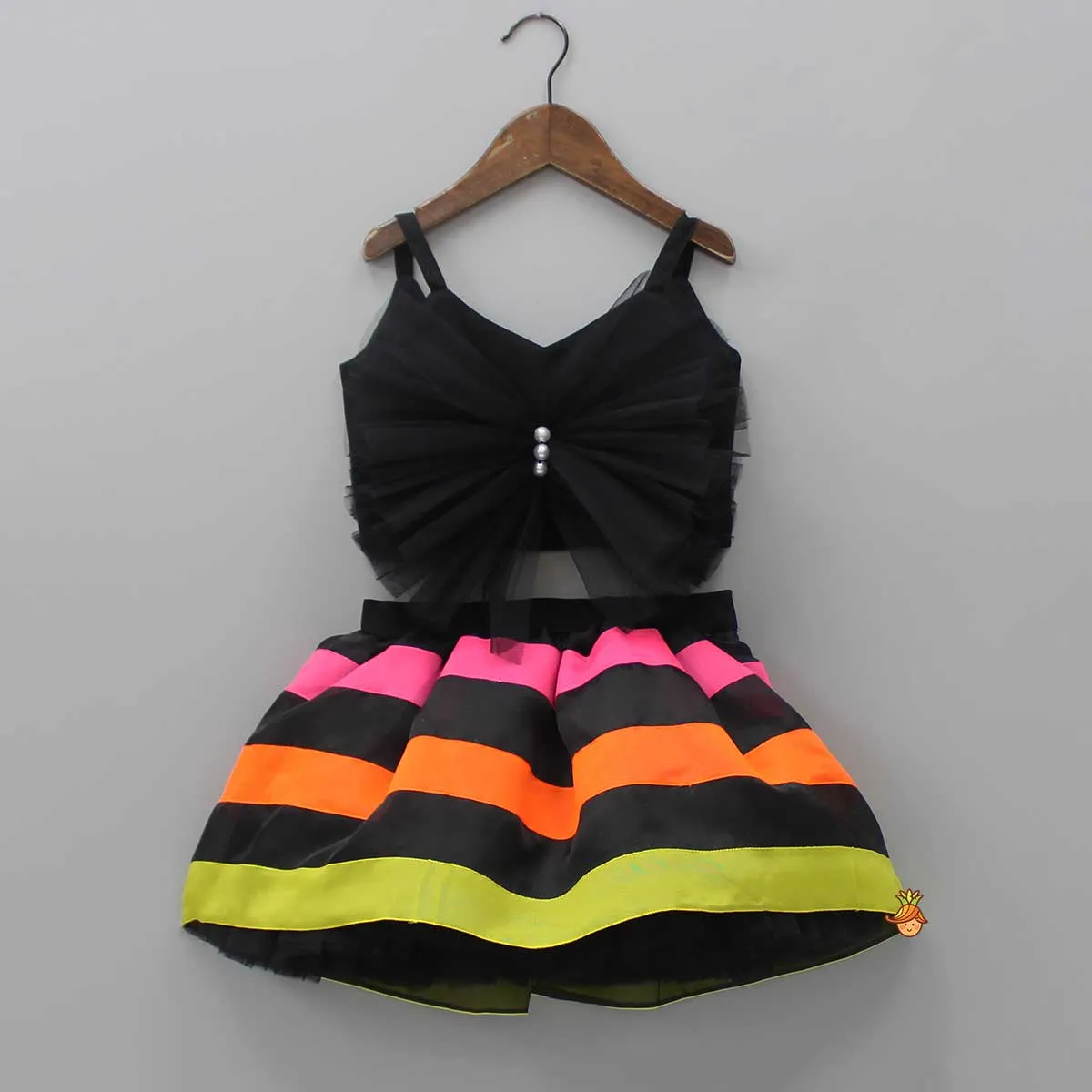 Black Frilly Bow Top And Multi Colour Lace Applique Skirt With Matching Pearl Work Hair Band