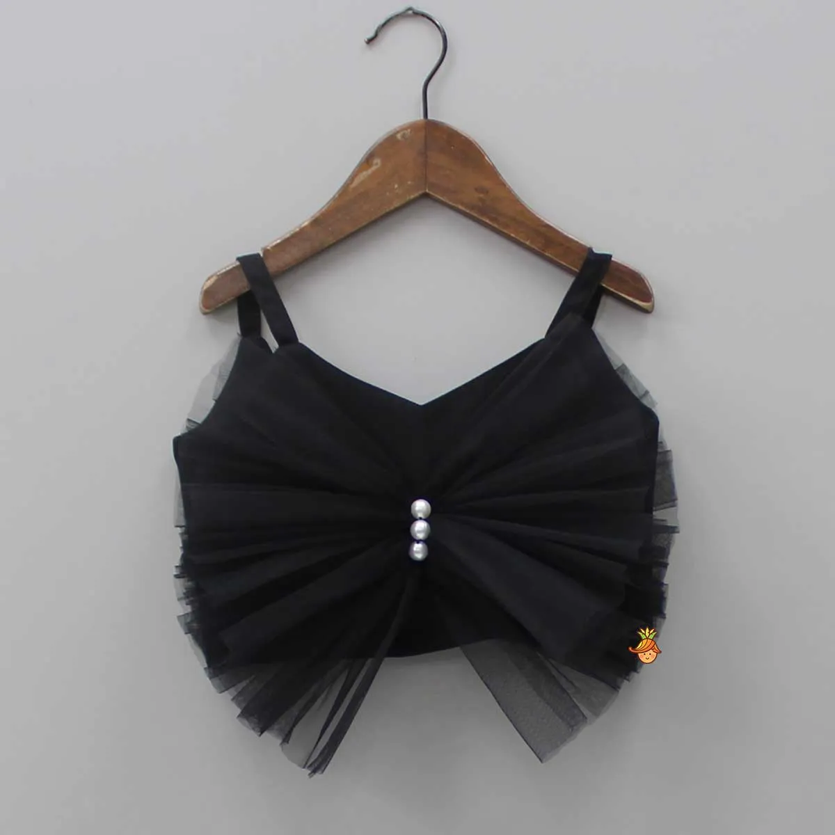 Black Frilly Bow Top And Multi Colour Lace Applique Skirt With Matching Pearl Work Hair Band