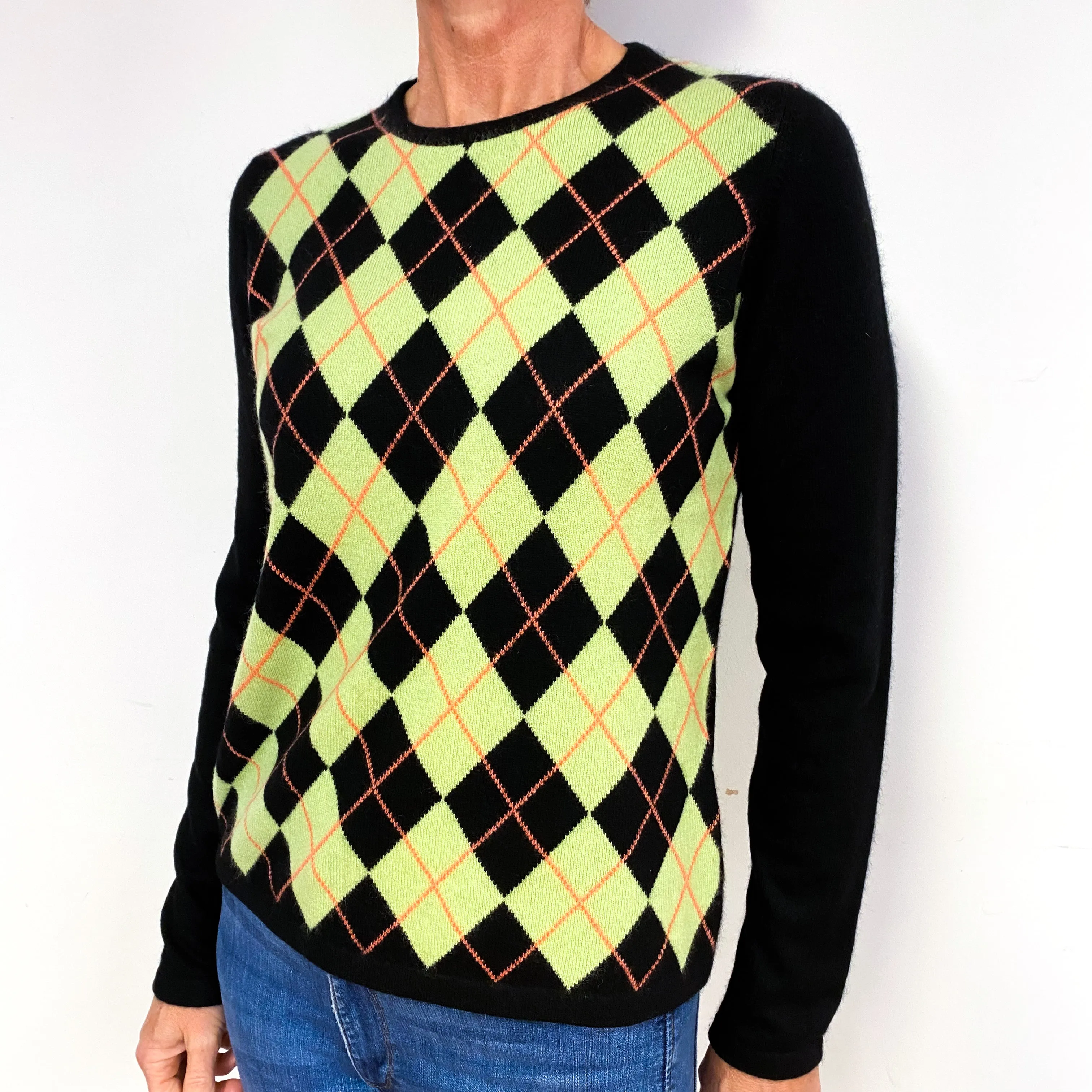 Black Green Argyle Cashmere Crew Neck Jumper Medium