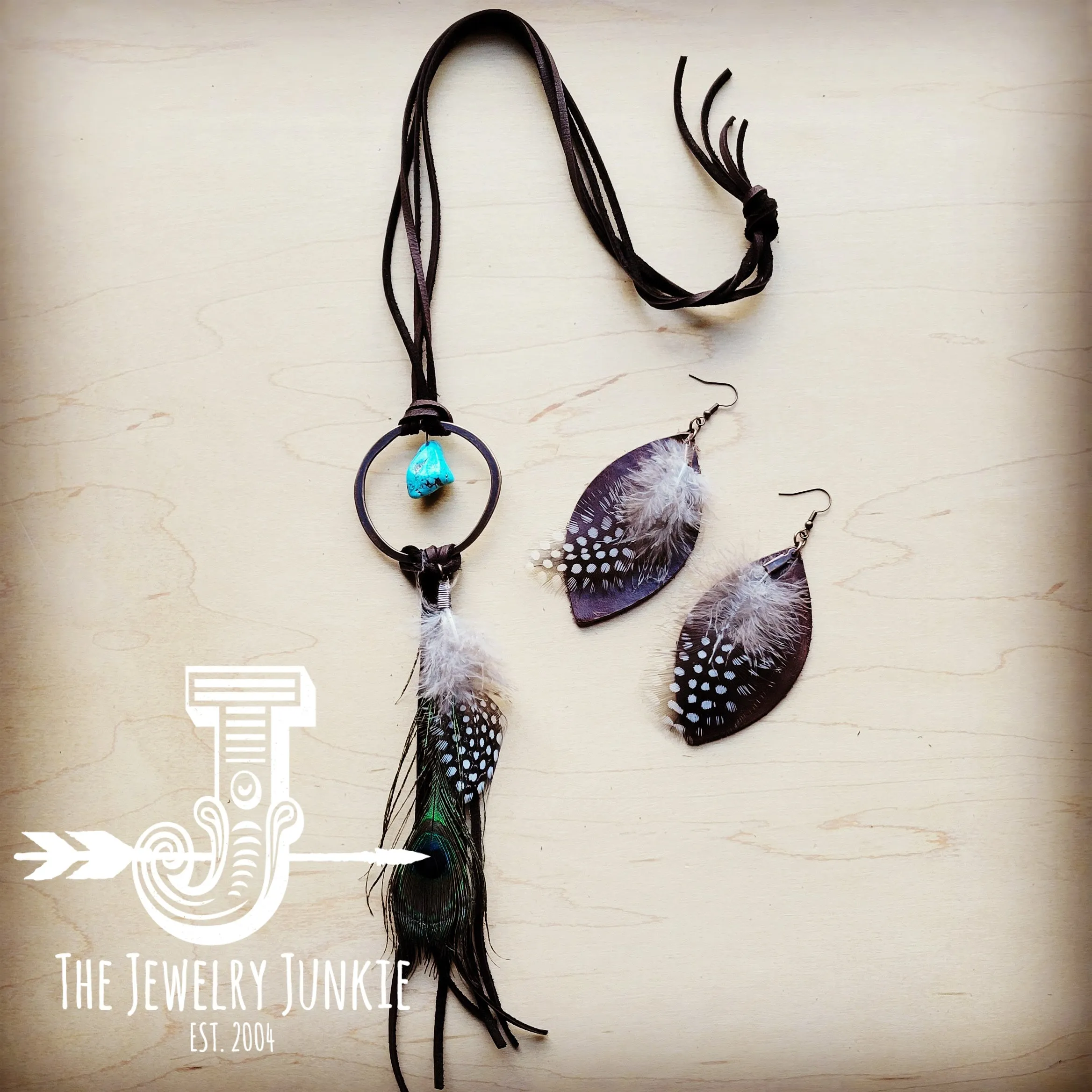 **Brown Boho Leather Necklace w/ Turquoise & Peacock Feathers 256w
