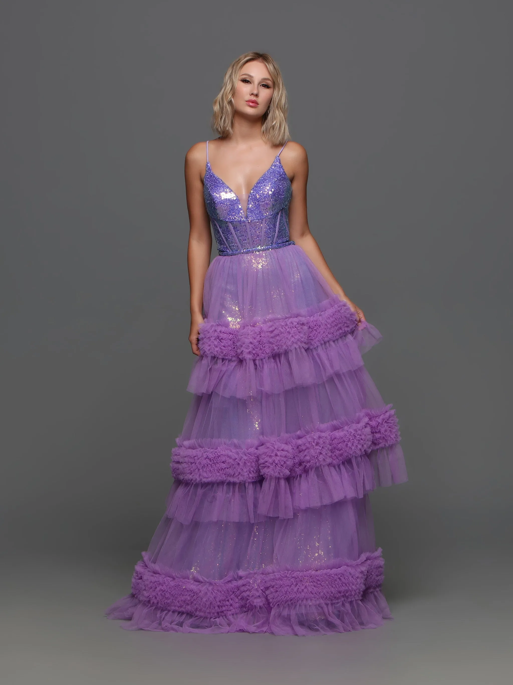 Candice Wang 72377 Size 4, 10 Purple Sequin V Neck Fitted Prom Dress A Line Pleated Tulle Skirt Layer Gown
