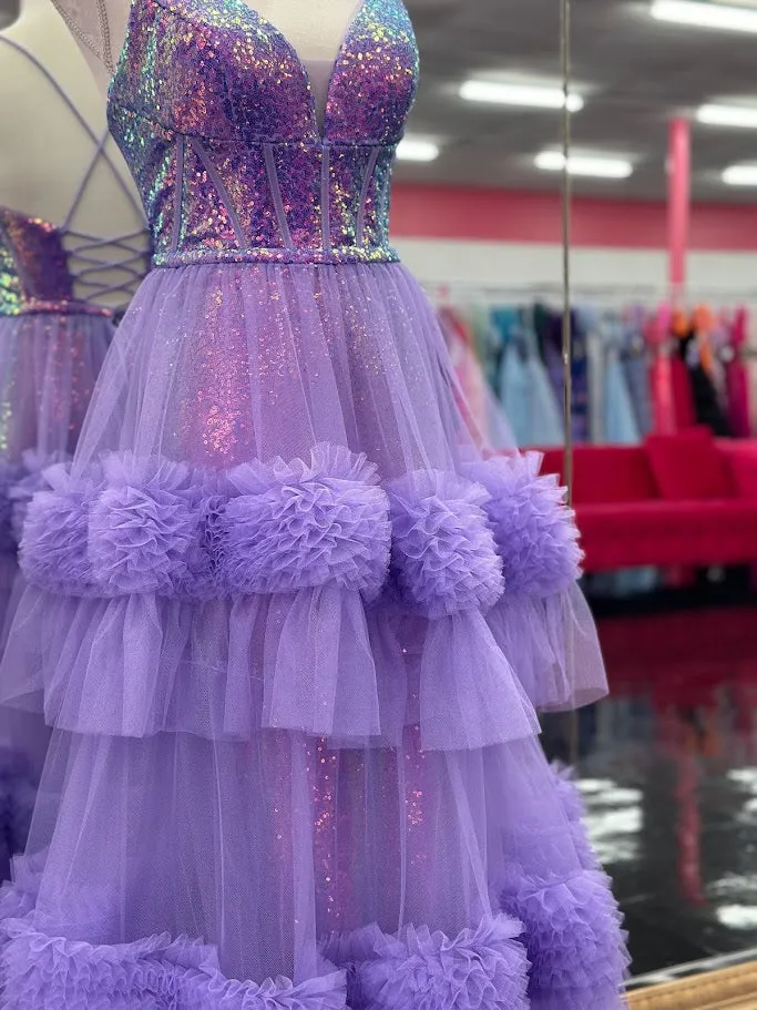 Candice Wang 72377 Size 4, 10 Purple Sequin V Neck Fitted Prom Dress A Line Pleated Tulle Skirt Layer Gown