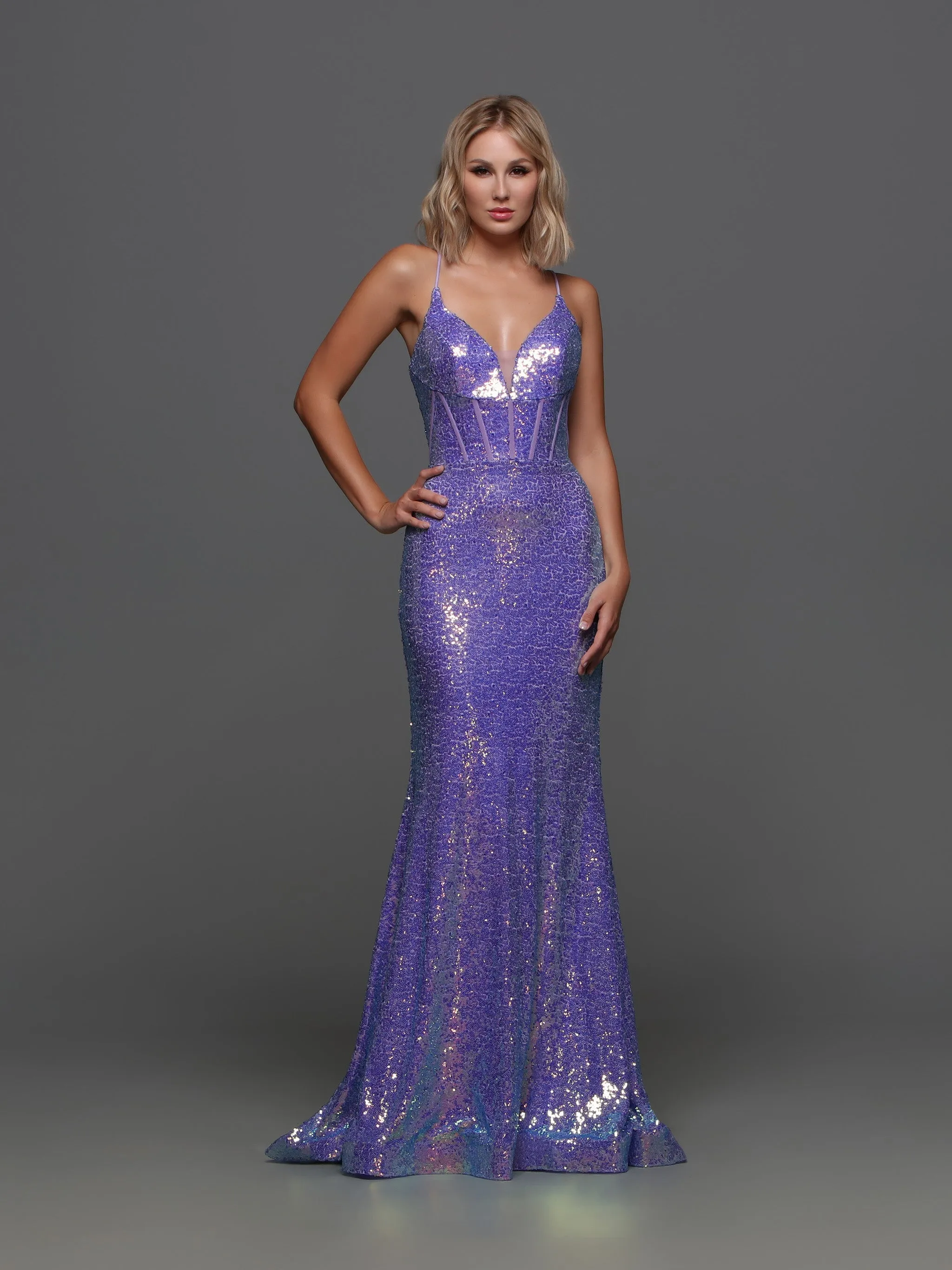 Candice Wang 72377 Size 4, 10 Purple Sequin V Neck Fitted Prom Dress A Line Pleated Tulle Skirt Layer Gown