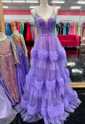 Candice Wang 72377 Size 4, 10 Purple Sequin V Neck Fitted Prom Dress A Line Pleated Tulle Skirt Layer Gown