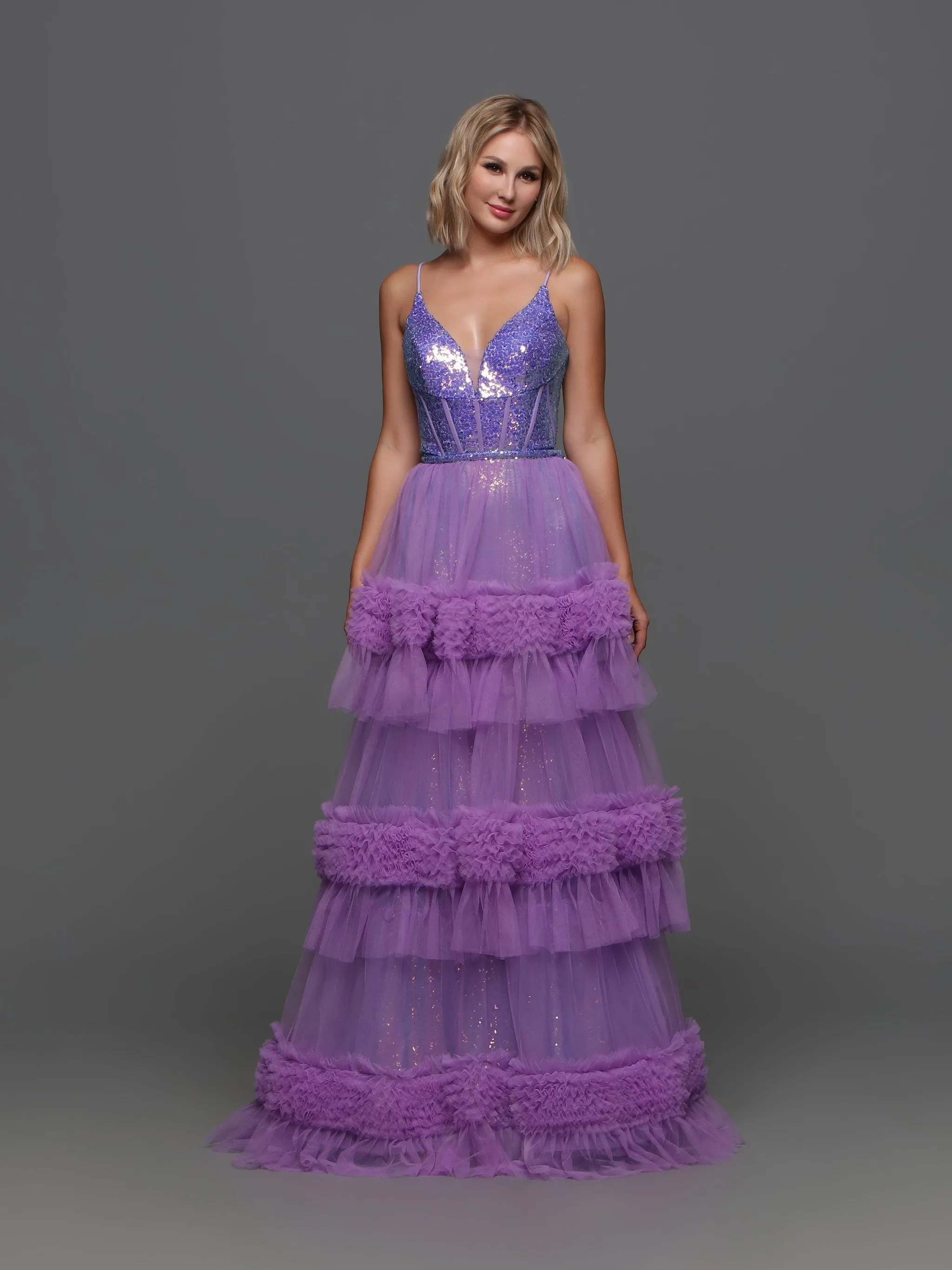 Candice Wang 72377 Size 4, 10 Purple Sequin V Neck Fitted Prom Dress A Line Pleated Tulle Skirt Layer Gown