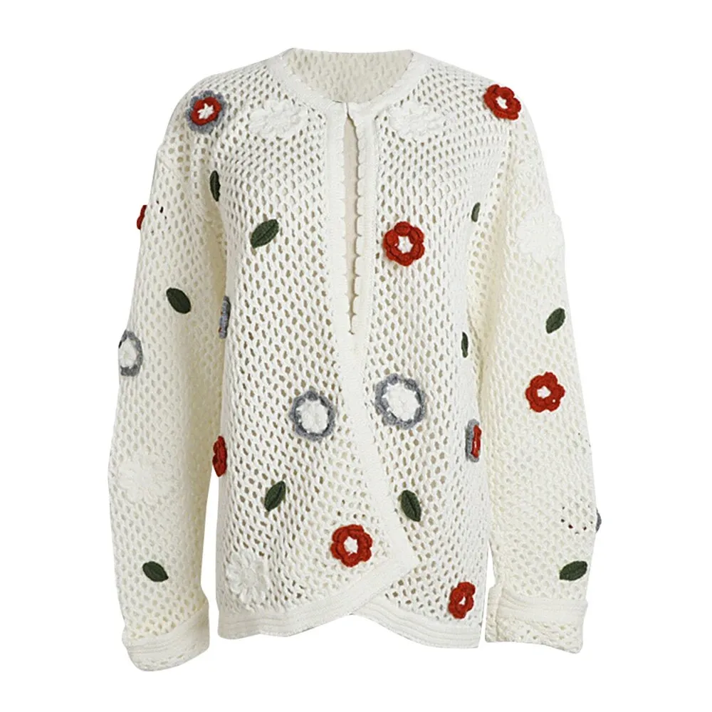 Casual Hollow Out Sweaters For Women Round Neck Long Sleeve Patchwork Floral Knitting Sweater Female Fashion