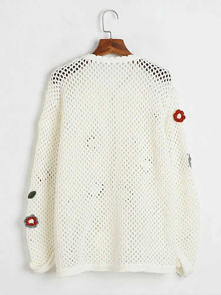 Casual Hollow Out Sweaters For Women Round Neck Long Sleeve Patchwork Floral Knitting Sweater Female Fashion