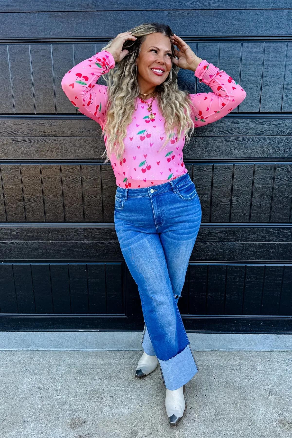 Cherry Print Mesh Top
