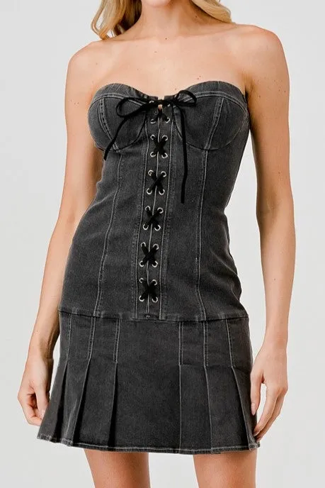 CHIC DENIM DRAWSTRING LACE UP TUBE MINI DRESS