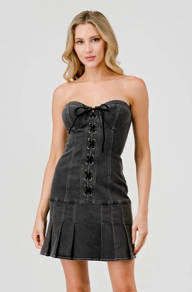 CHIC DENIM DRAWSTRING LACE UP TUBE MINI DRESS