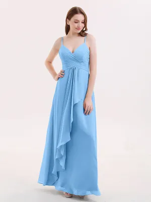 Chiffon Bridesmaid Dresses with Cascade Skirt-Blue Plus Size