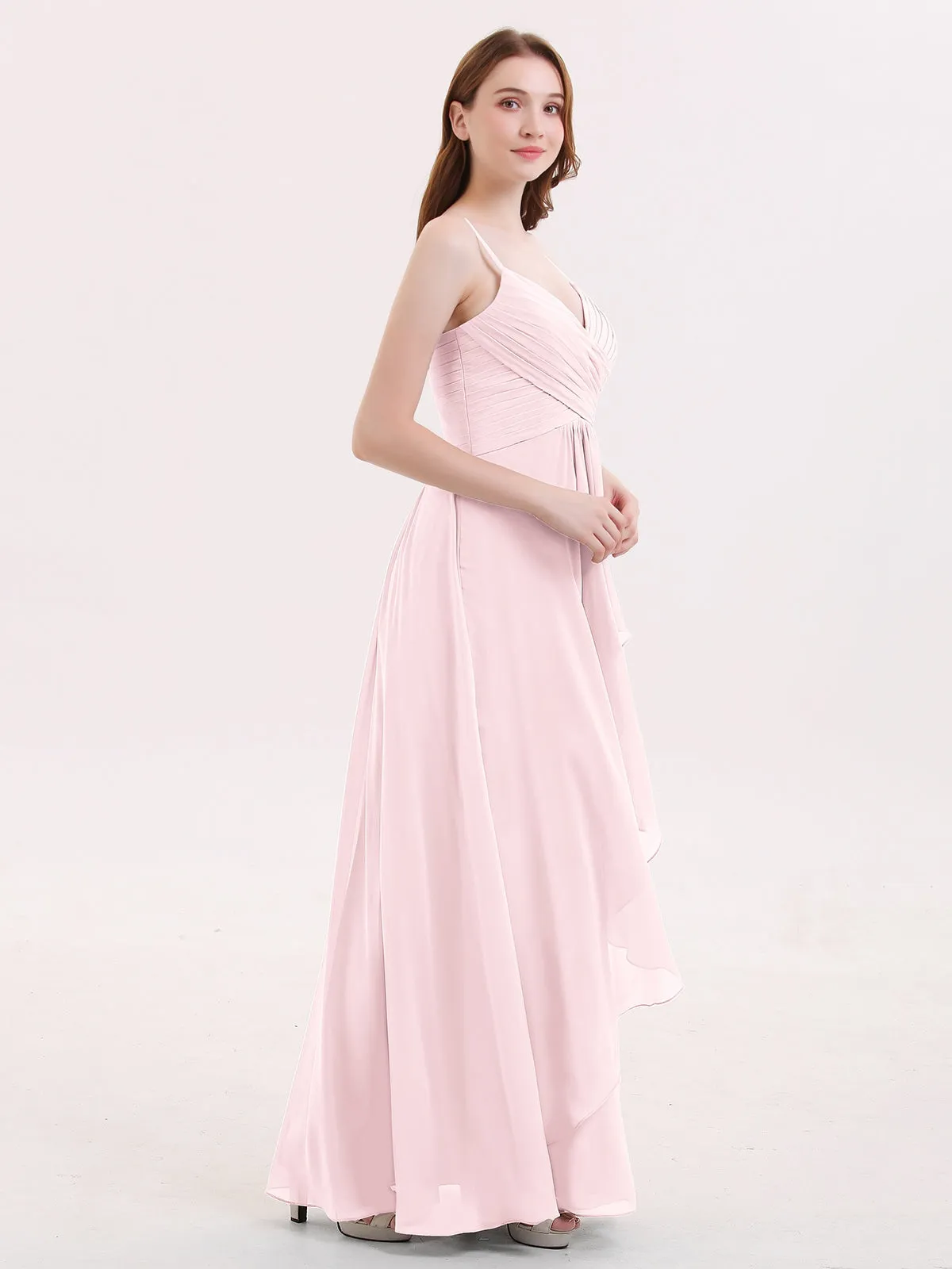 Chiffon Bridesmaid Dresses with Cascade Skirt-Blushing Pink Plus Size