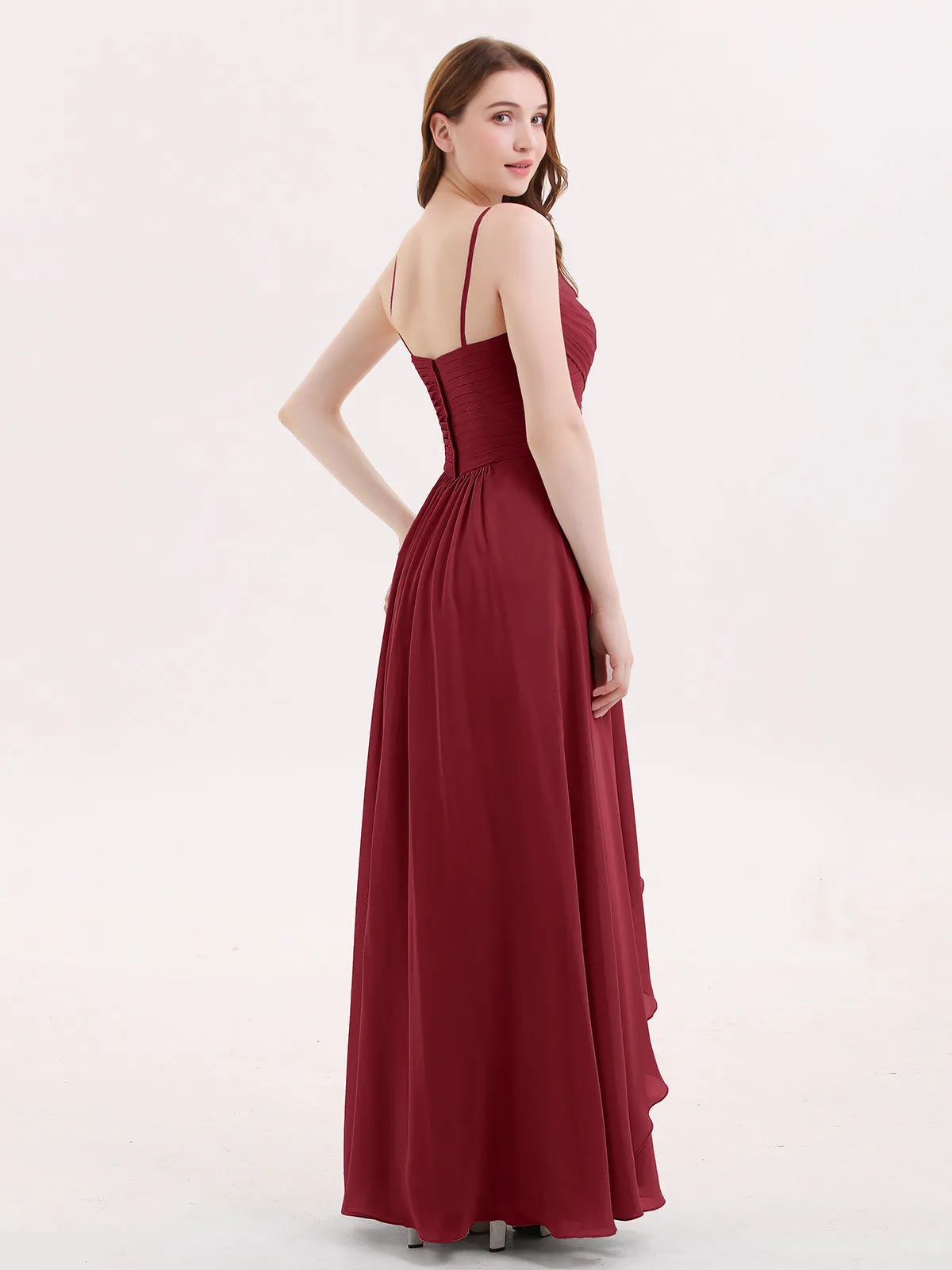 Chiffon Bridesmaid Dresses with Cascade Skirt-Burgundy Plus Size