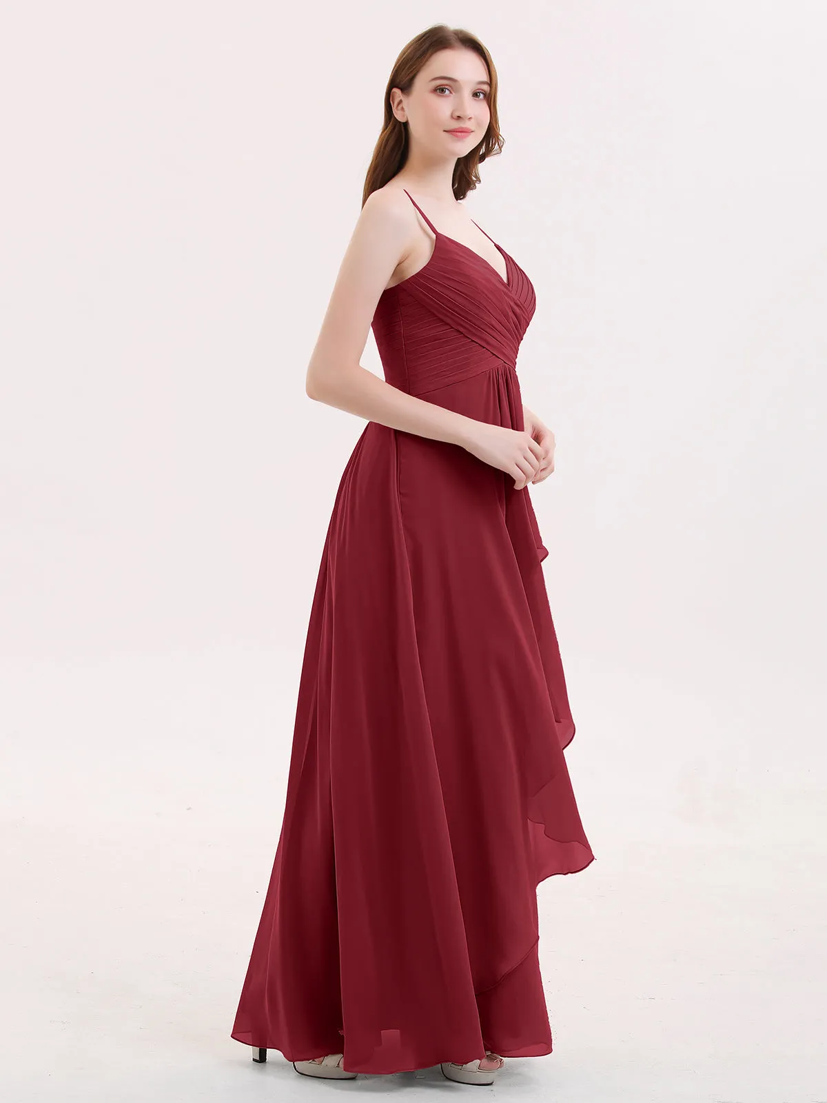 Chiffon Bridesmaid Dresses with Cascade Skirt-Burgundy Plus Size
