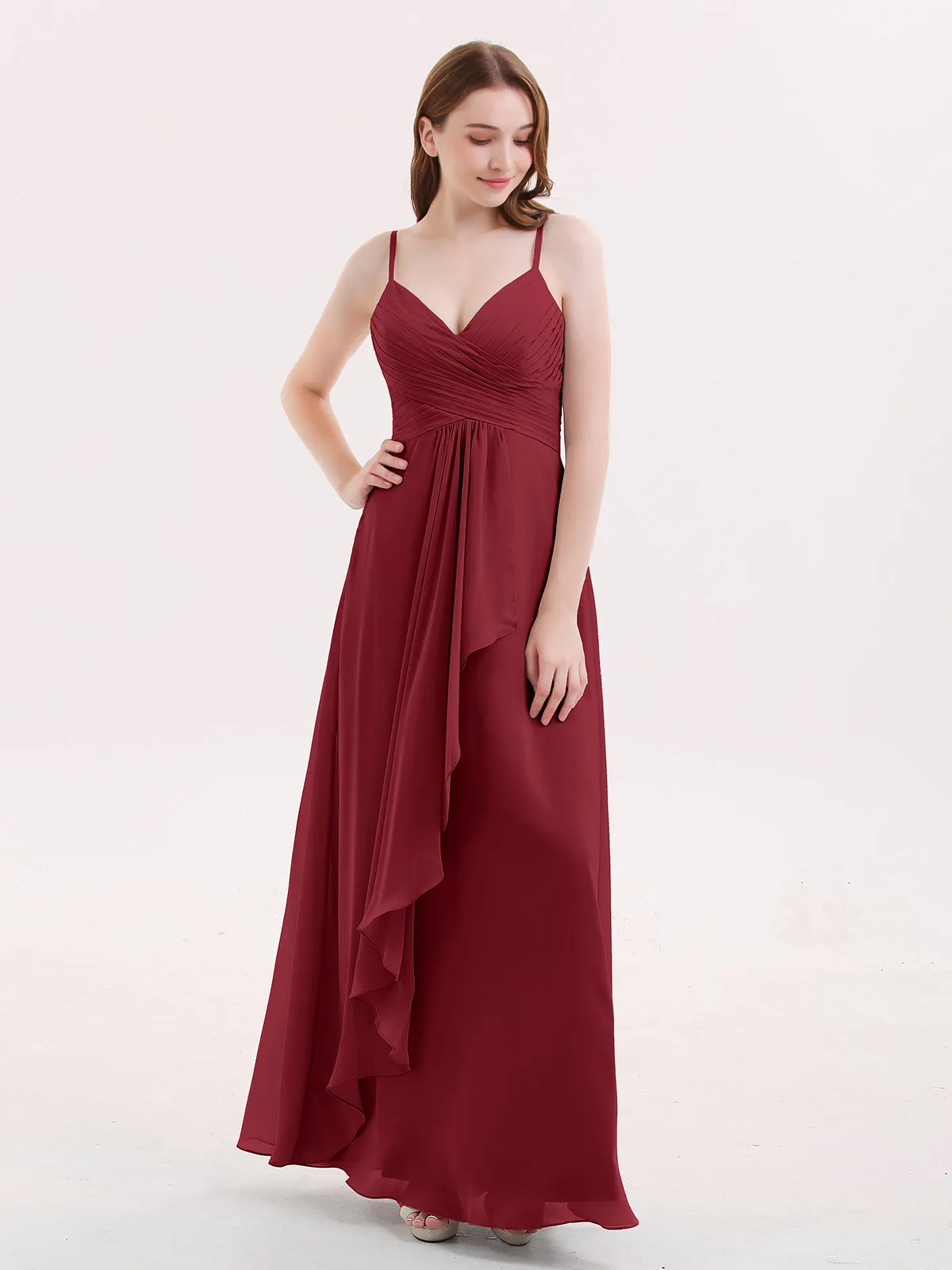 Chiffon Bridesmaid Dresses with Cascade Skirt-Burgundy Plus Size