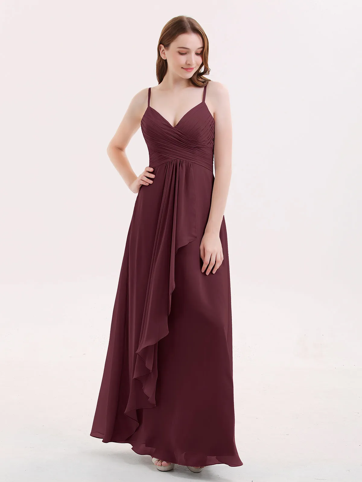 Chiffon Bridesmaid Dresses with Cascade Skirt-Cabernet