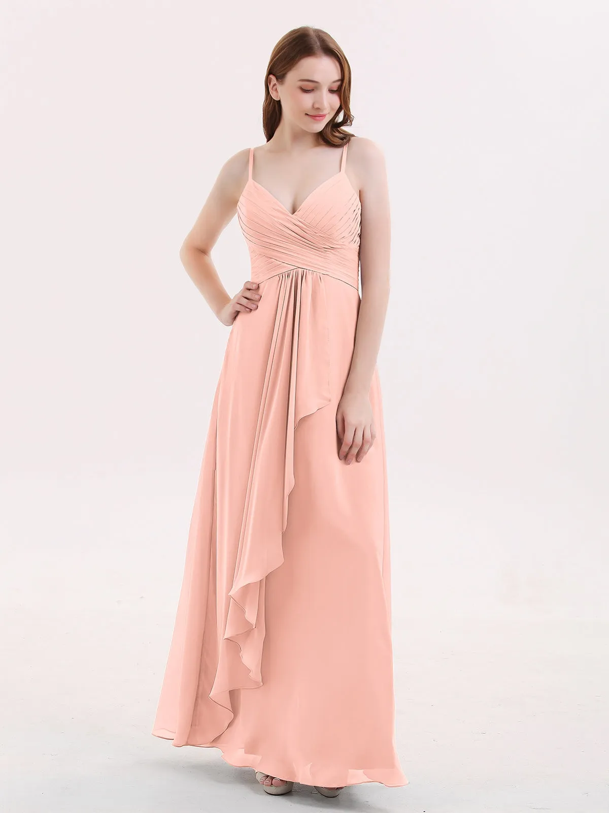Chiffon Bridesmaid Dresses with Cascade Skirt-Coral