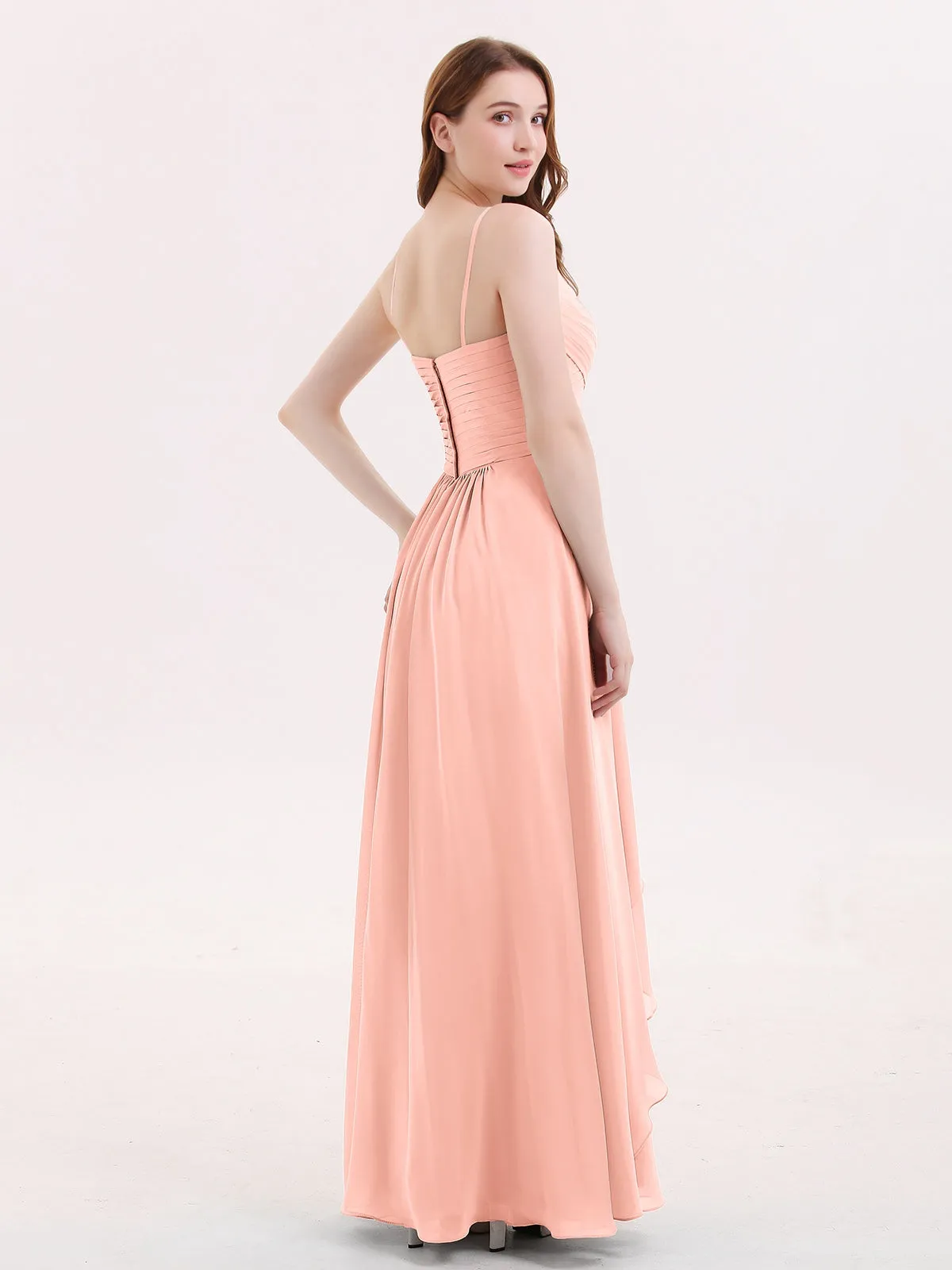 Chiffon Bridesmaid Dresses with Cascade Skirt-Coral