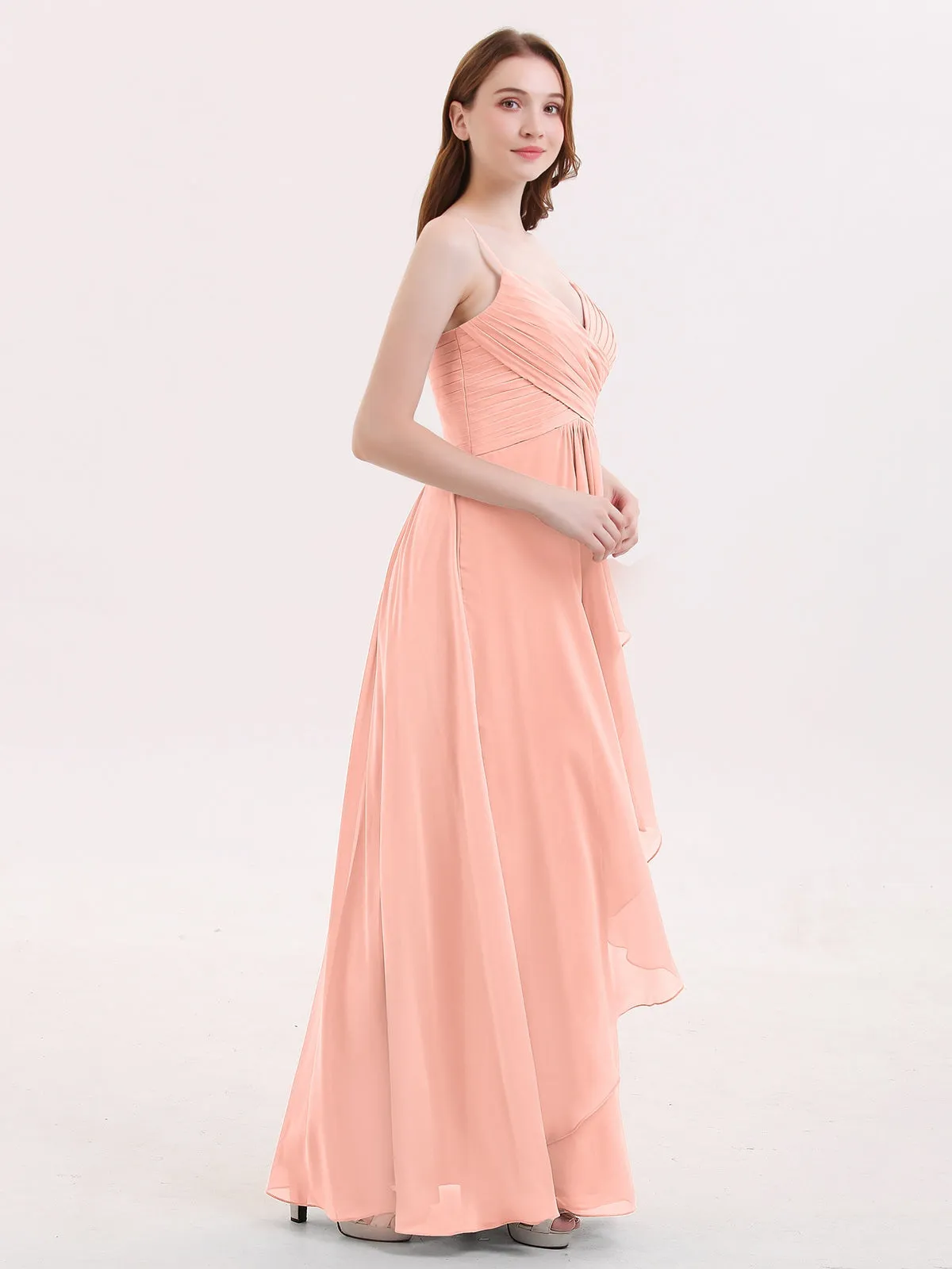 Chiffon Bridesmaid Dresses with Cascade Skirt-Coral