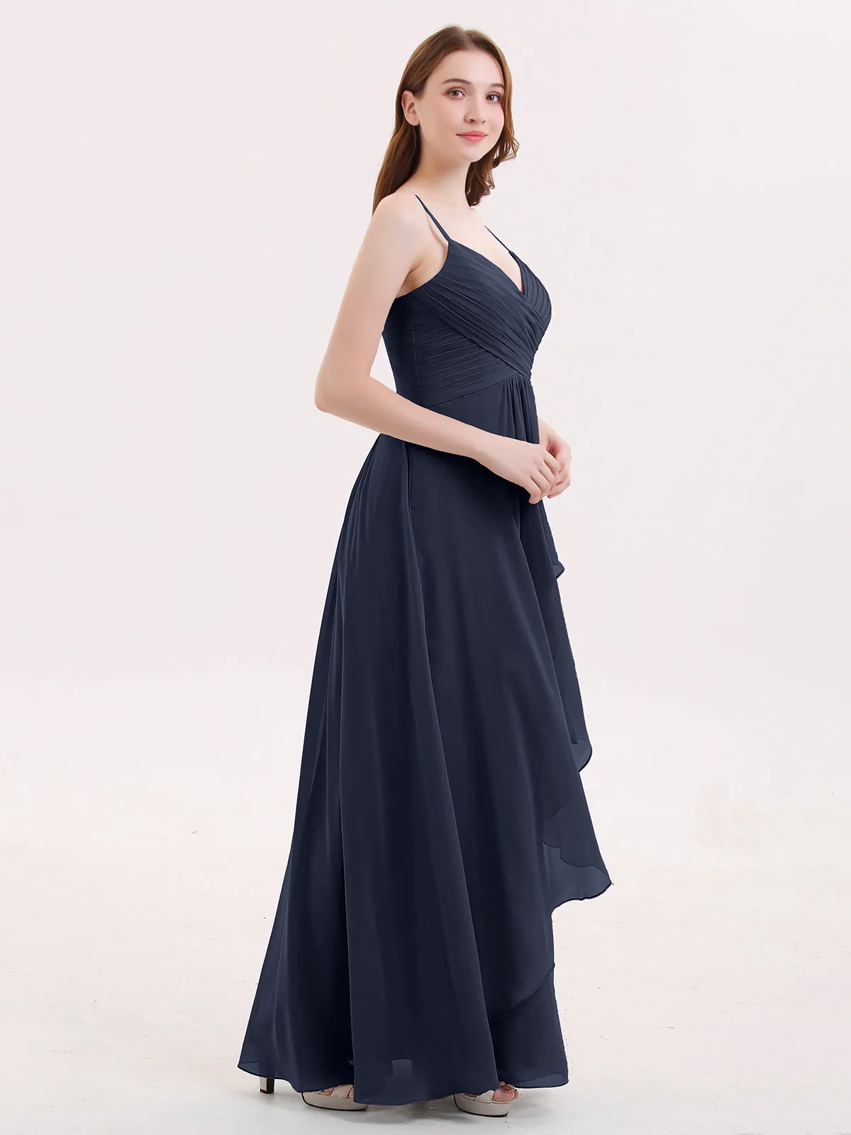 Chiffon Bridesmaid Dresses with Cascade Skirt-Dark Navy Plus Size
