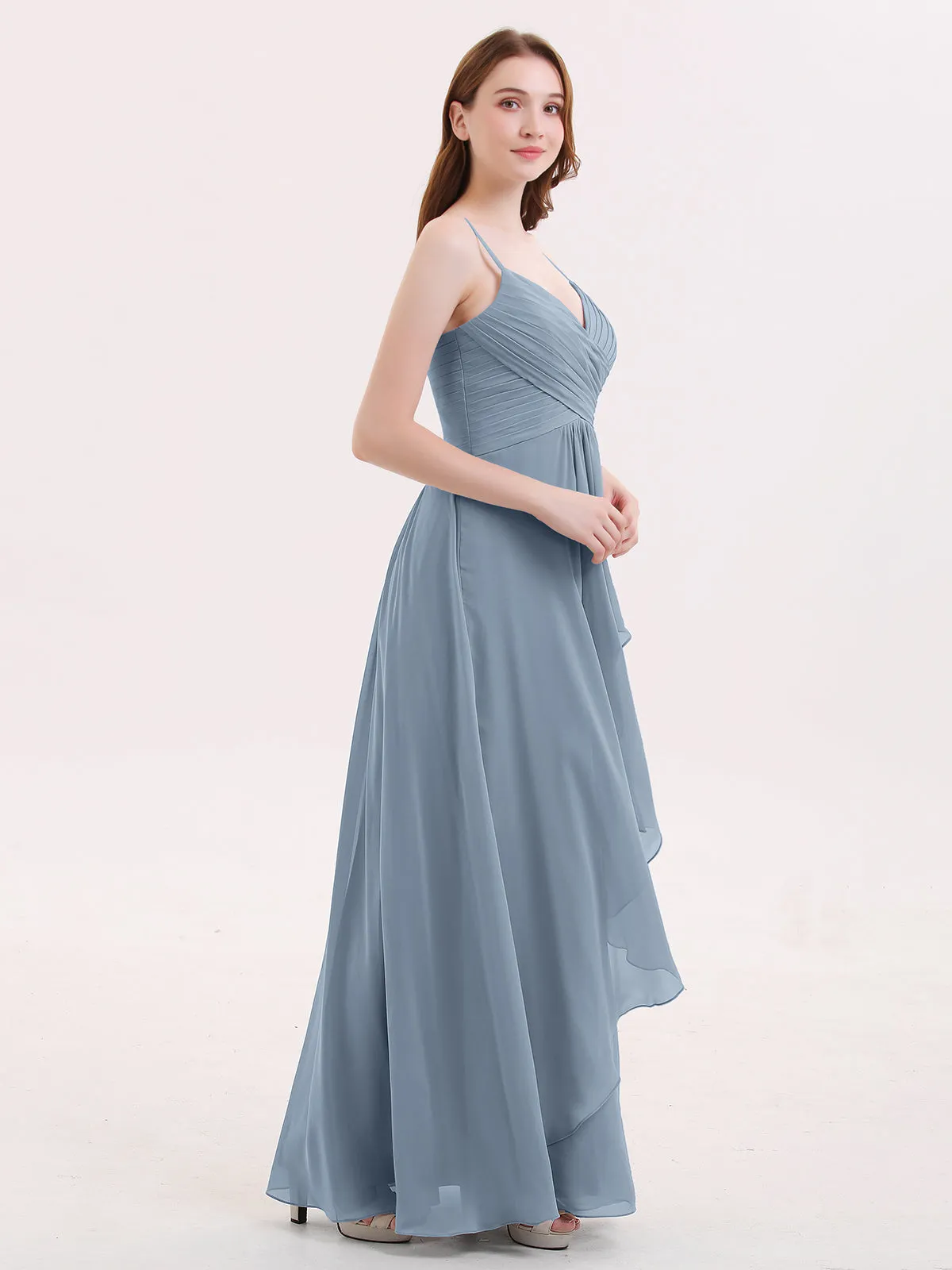 Chiffon Bridesmaid Dresses with Cascade Skirt-Dusty Blue Plus Size