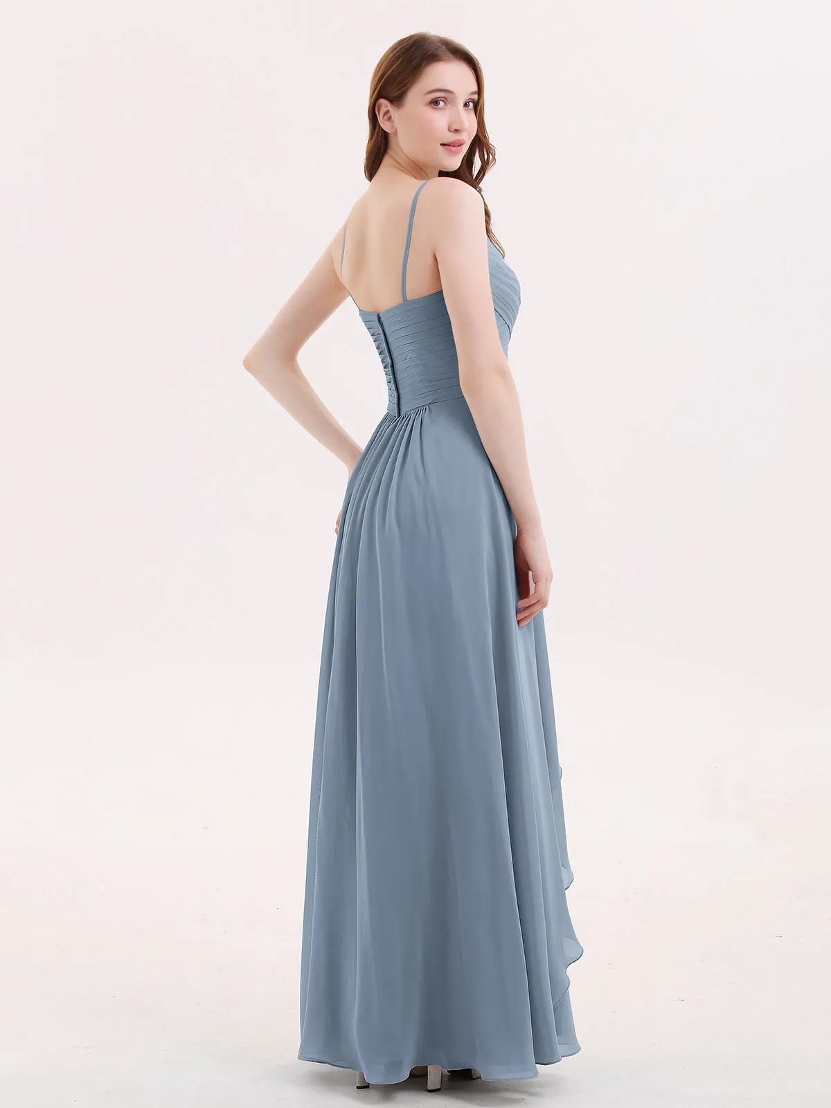 Chiffon Bridesmaid Dresses with Cascade Skirt-Dusty Blue Plus Size