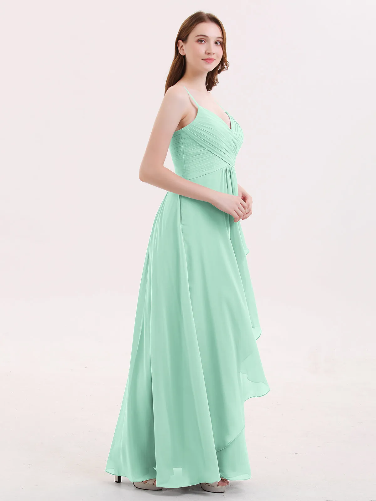 Chiffon Bridesmaid Dresses with Cascade Skirt-Mint Green Plus Size