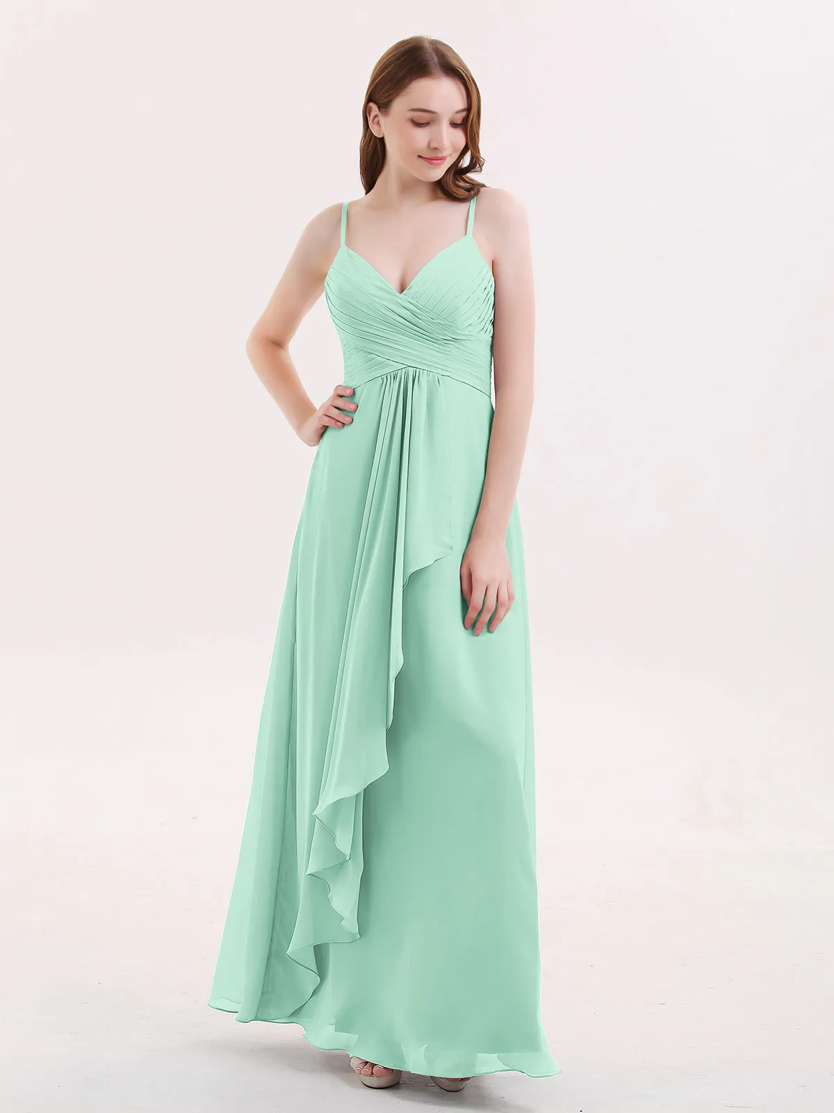 Chiffon Bridesmaid Dresses with Cascade Skirt-Mint Green Plus Size