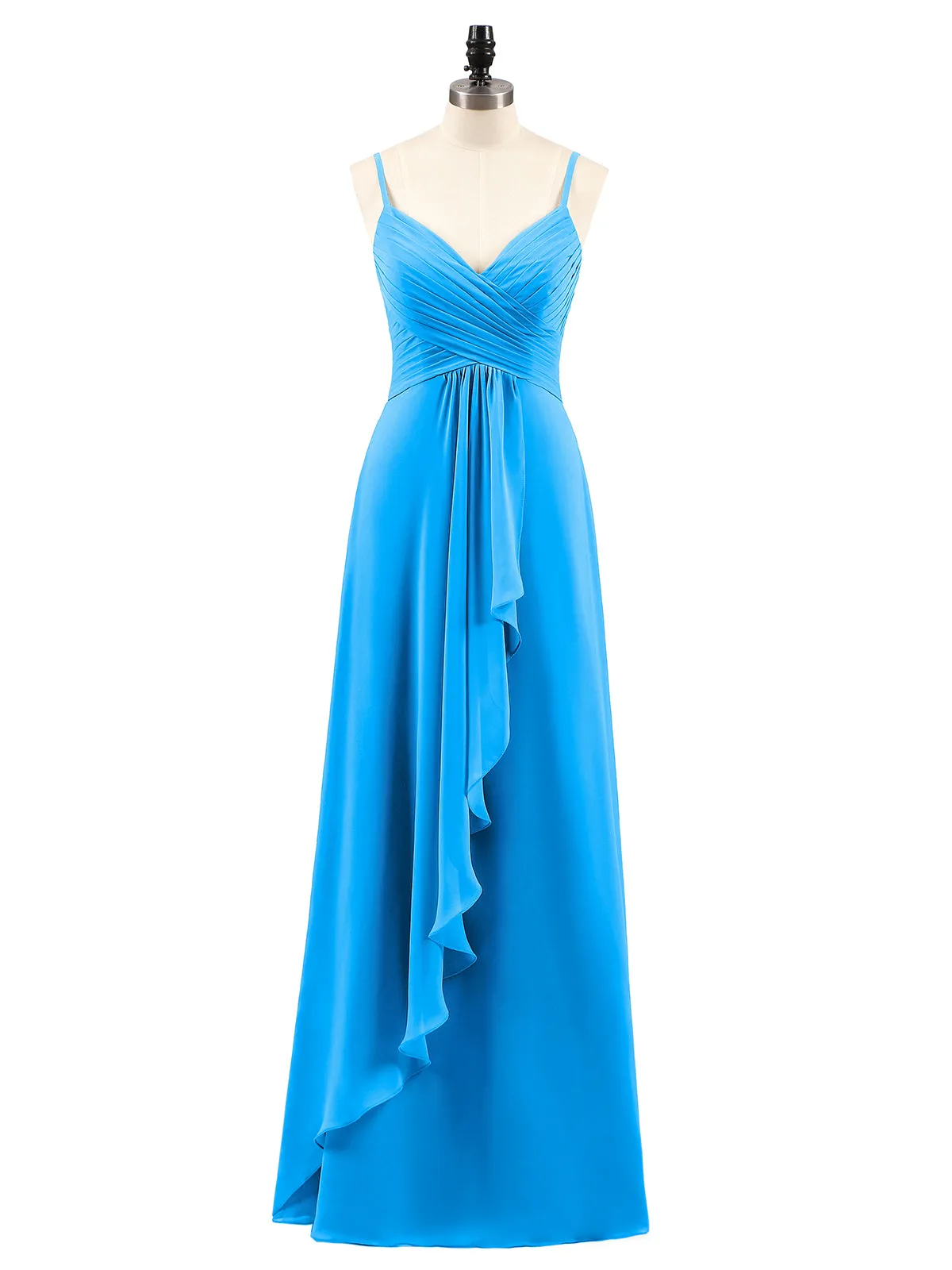 Chiffon Bridesmaid Dresses with Cascade Skirt-Ocean Blue Plus Size