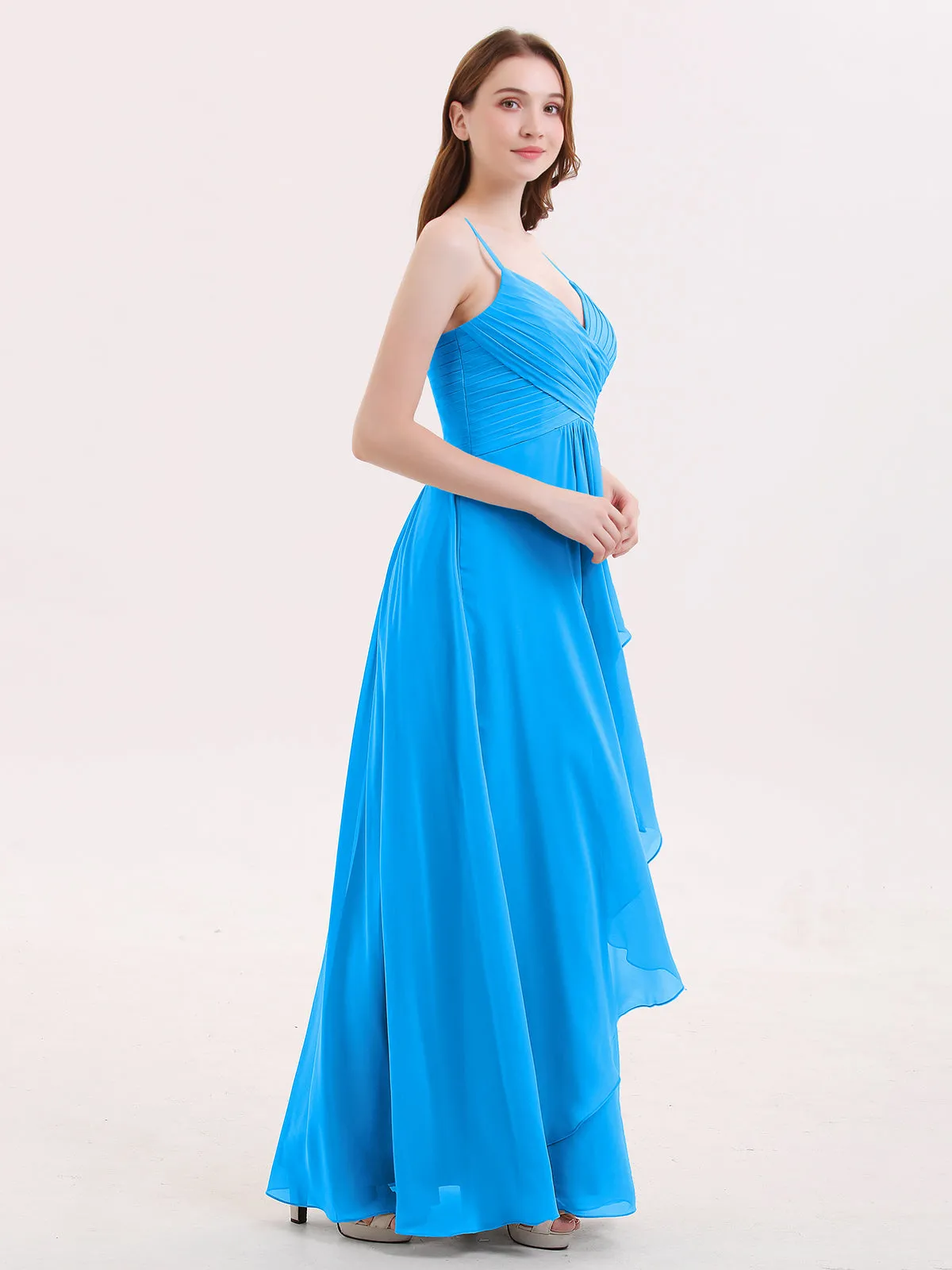 Chiffon Bridesmaid Dresses with Cascade Skirt-Ocean Blue Plus Size