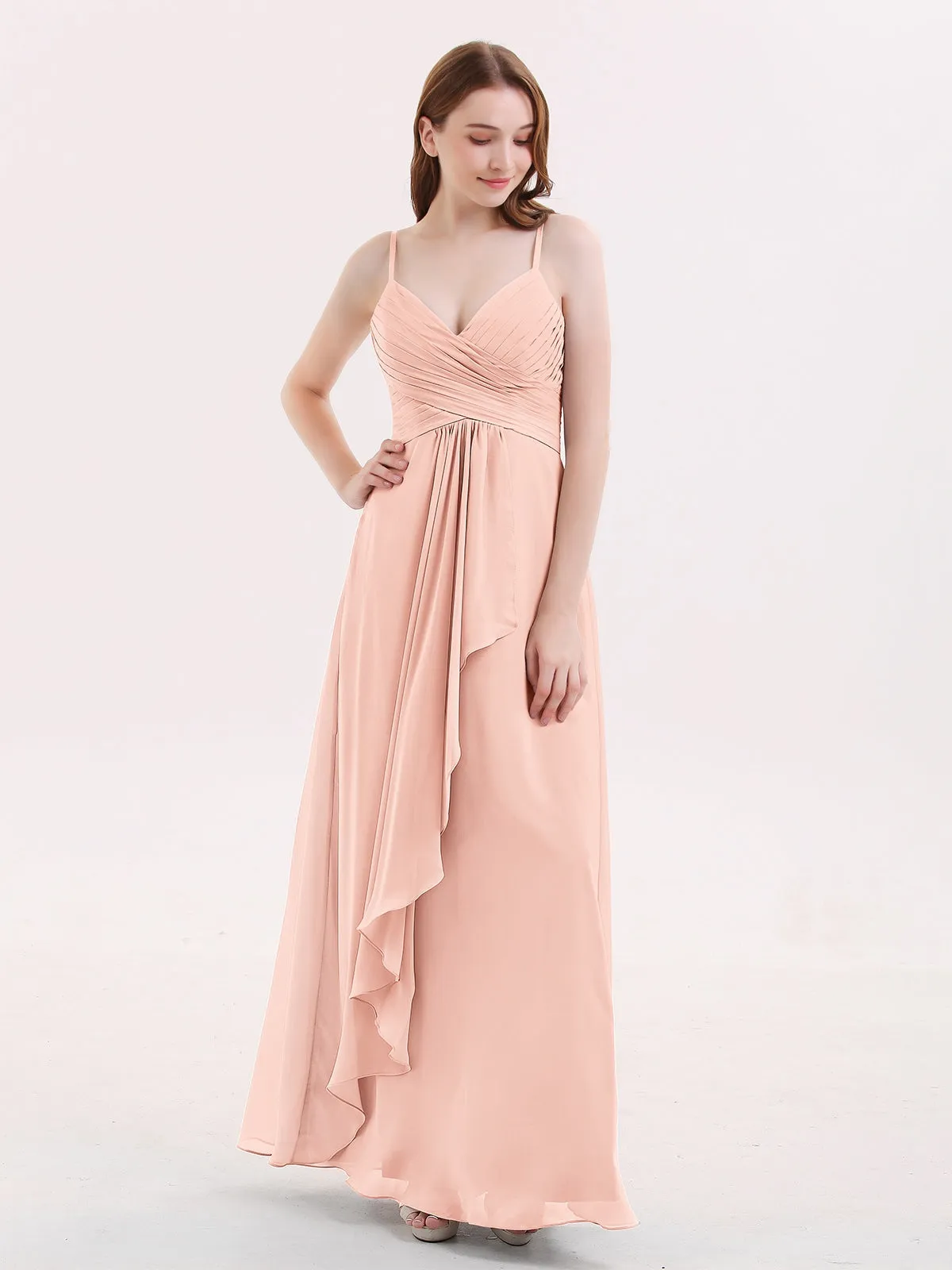 Chiffon Bridesmaid Dresses with Cascade Skirt-Pearl Pink Plus Size