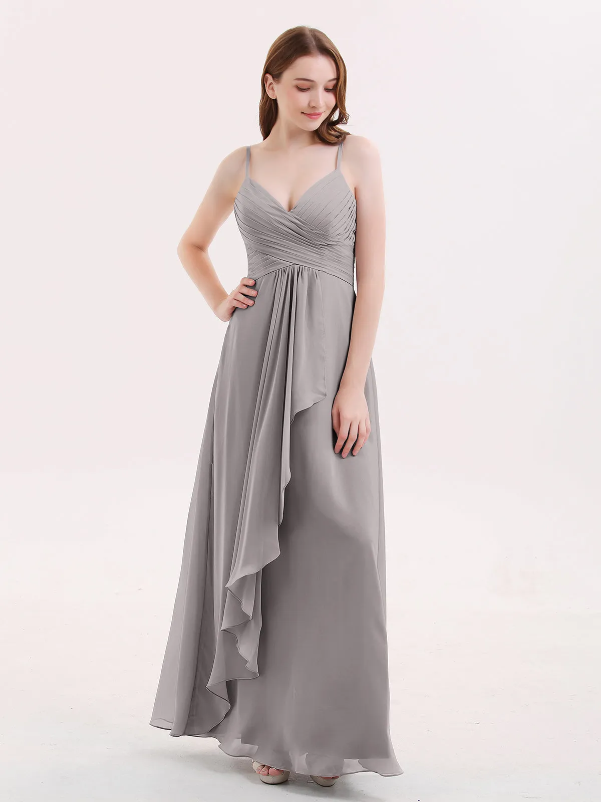 Chiffon Bridesmaid Dresses with Cascade Skirt-Silver Plus Size