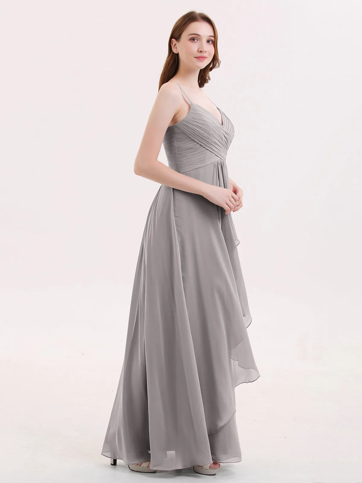 Chiffon Bridesmaid Dresses with Cascade Skirt-Silver Plus Size