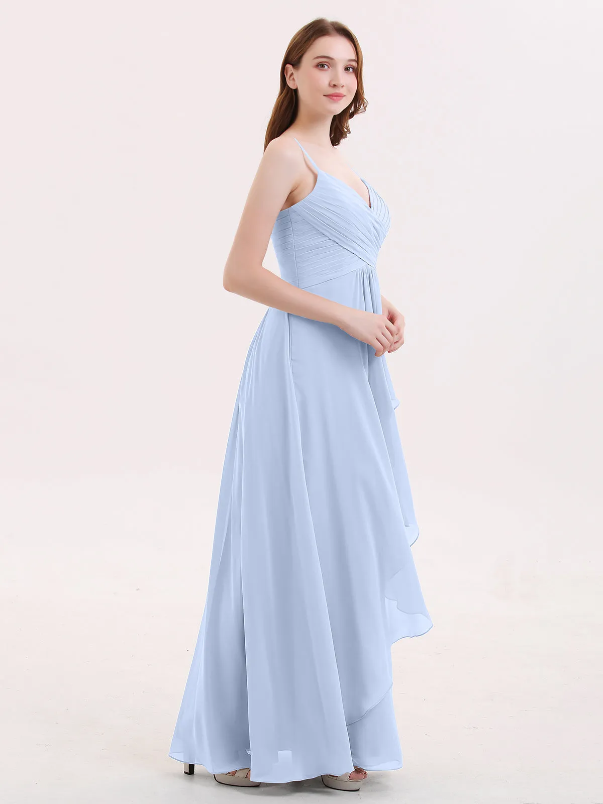 Chiffon Bridesmaid Dresses with Cascade Skirt-Sky Blue Plus Size