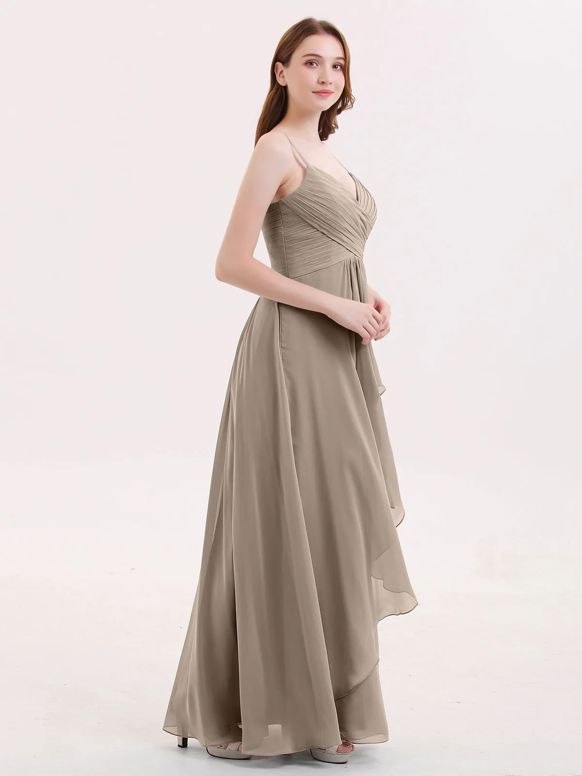 Chiffon Bridesmaid Dresses with Cascade Skirt-Taupe  Plus Size