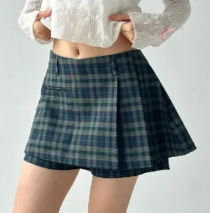 Dark Green Stylish Plaid Pleated Skort