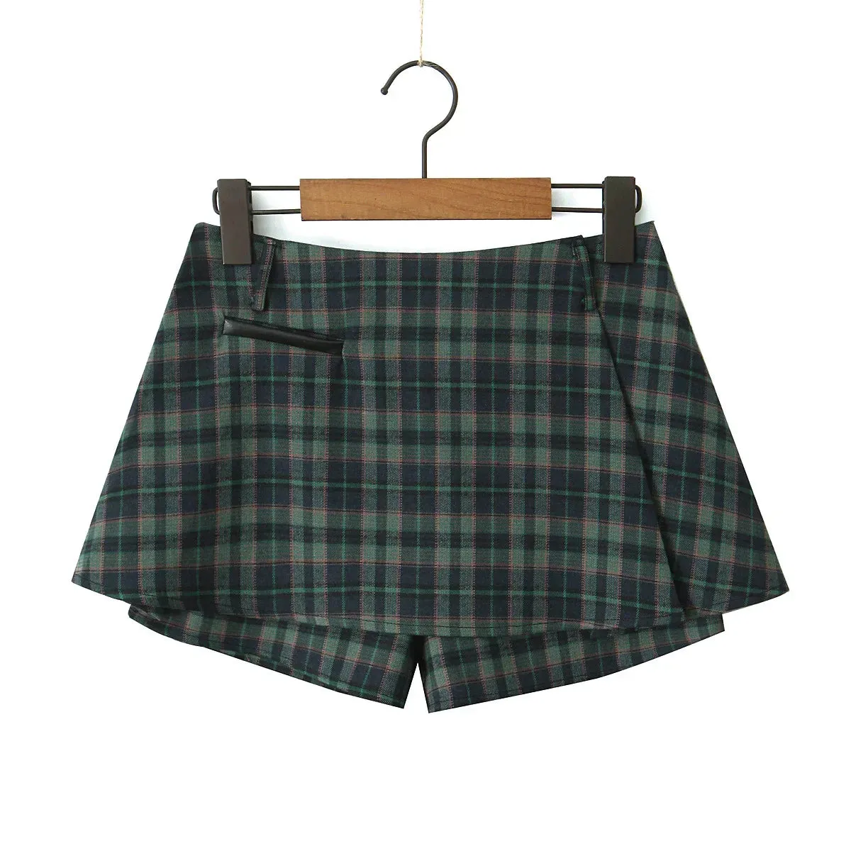 Dark Green Stylish Plaid Pleated Skort