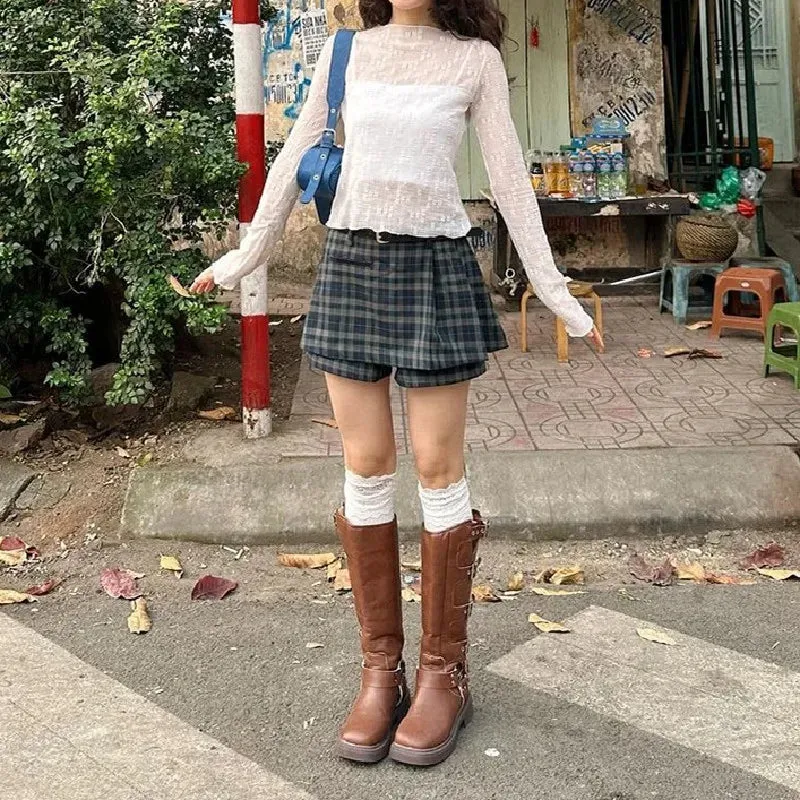 Dark Green Stylish Plaid Pleated Skort
