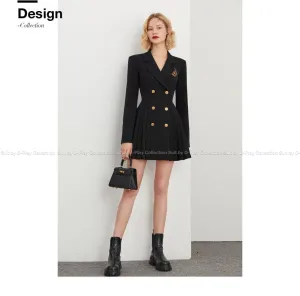 DPLAY Spring  Retro Black  Pleated Wide Shoulder Suit Skirt - Fioma