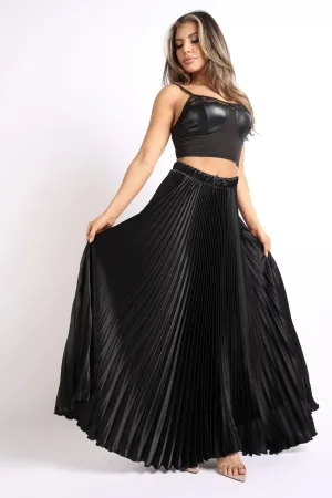 Elegant Black High Waist Pleated Satin Maxi Skirt for Formal Events
