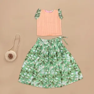 Elegant Peach and Green Leaf Skirt Set – Natural Elegance for Girls
