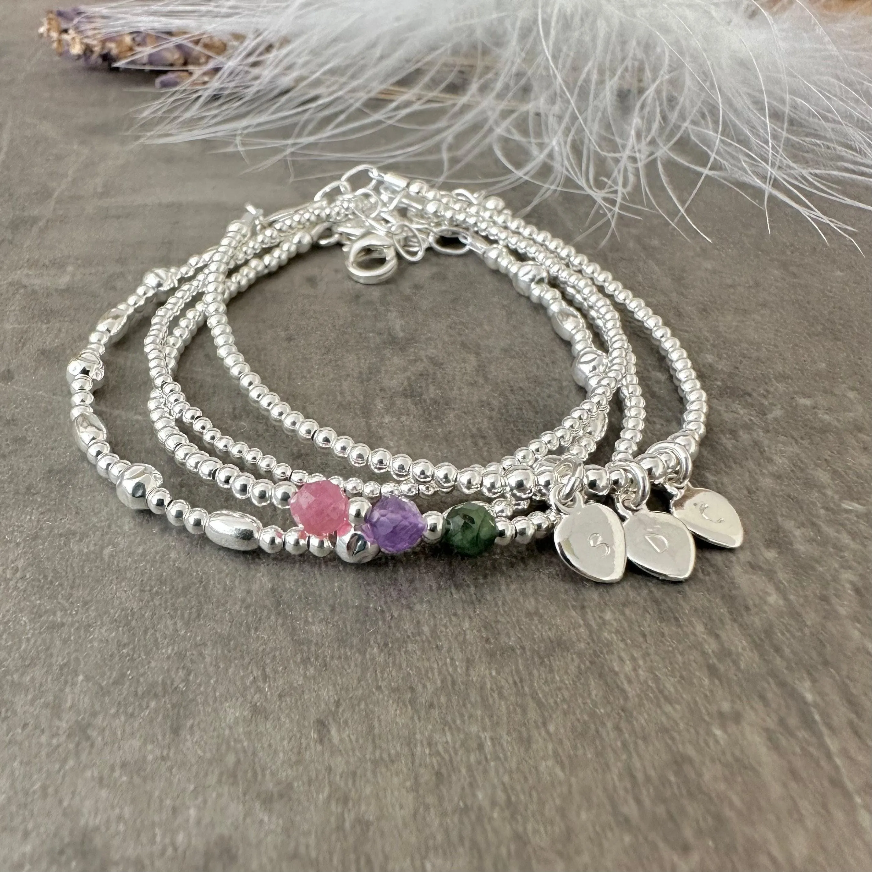 Family Birthstone & Initial Layering Bracelet Set, Dainty Family Jewellery